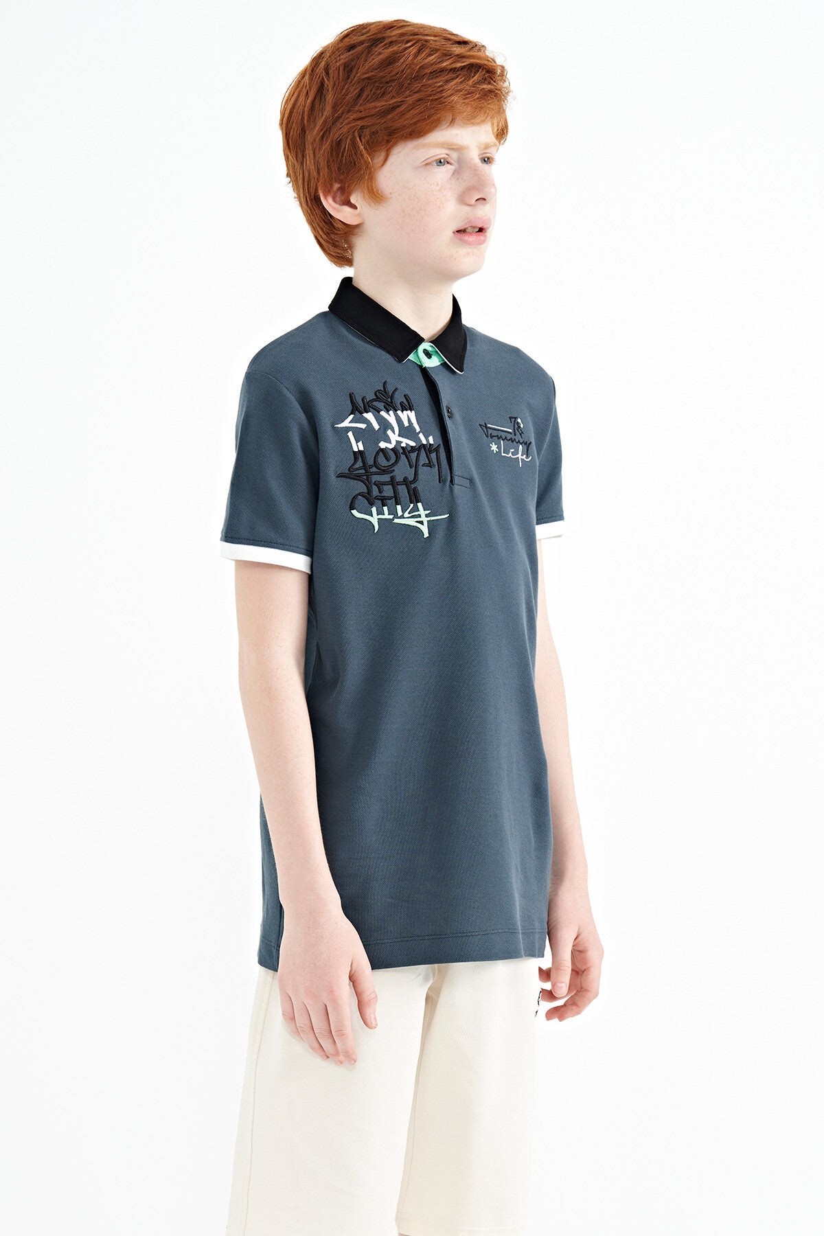 Forest Green Embroidered Detailed Standard Pattern Polo Collar Boys' T-Shirt - 11085