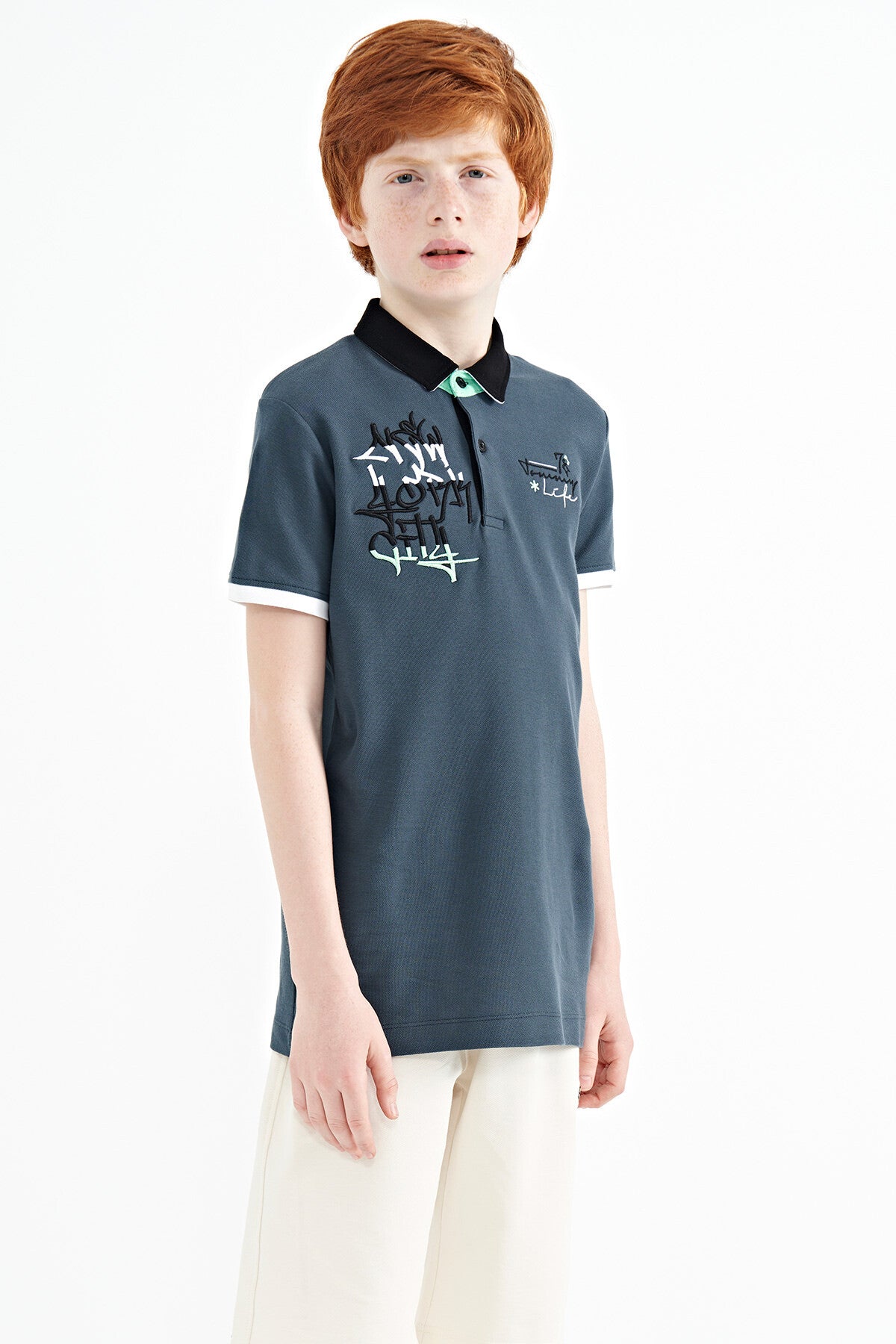 Forest Green Embroidered Detailed Standard Pattern Polo Collar Boys' T-Shirt - 11085