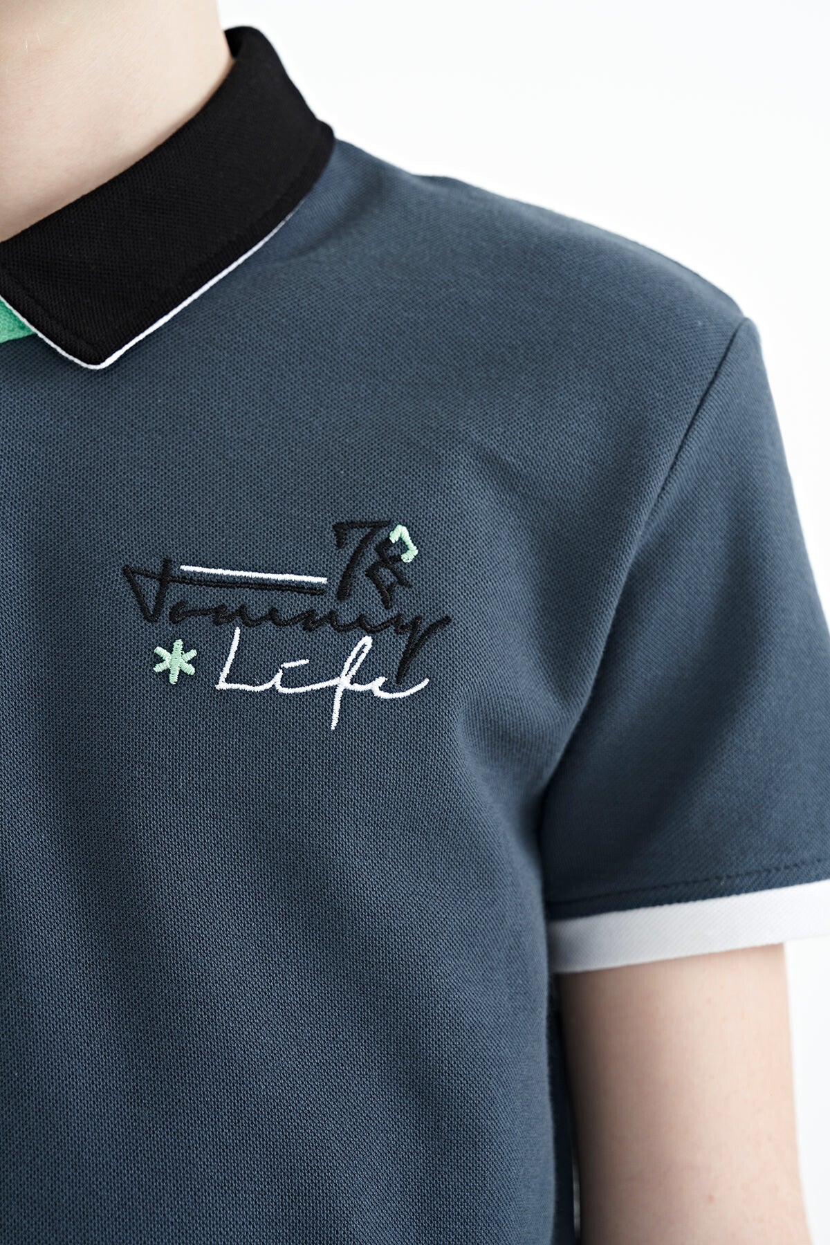 Forest Green Embroidered Detailed Standard Pattern Polo Collar Boys' T-Shirt - 11085