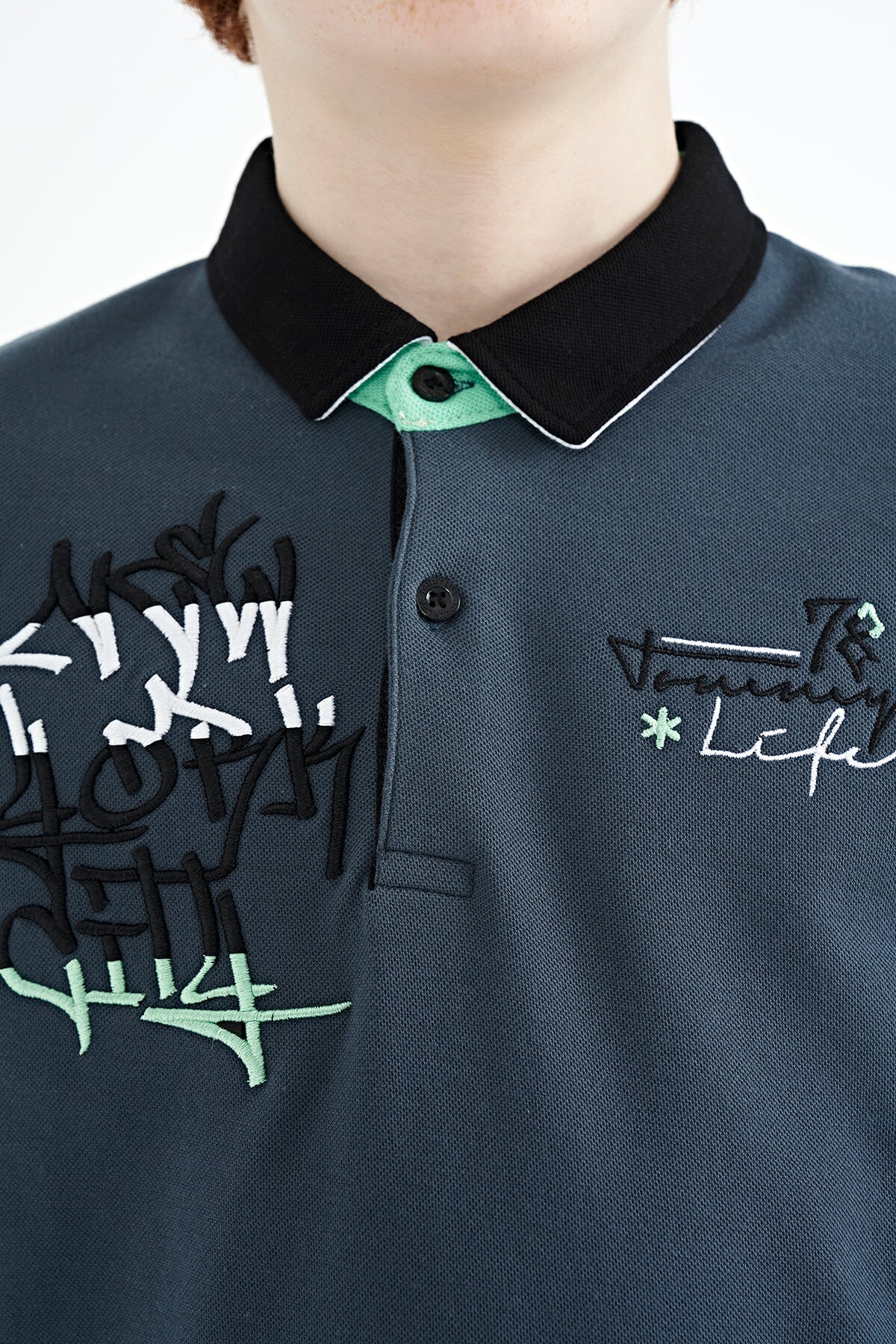 Forest Green Embroidered Detailed Standard Pattern Polo Collar Boys' T-Shirt - 11085