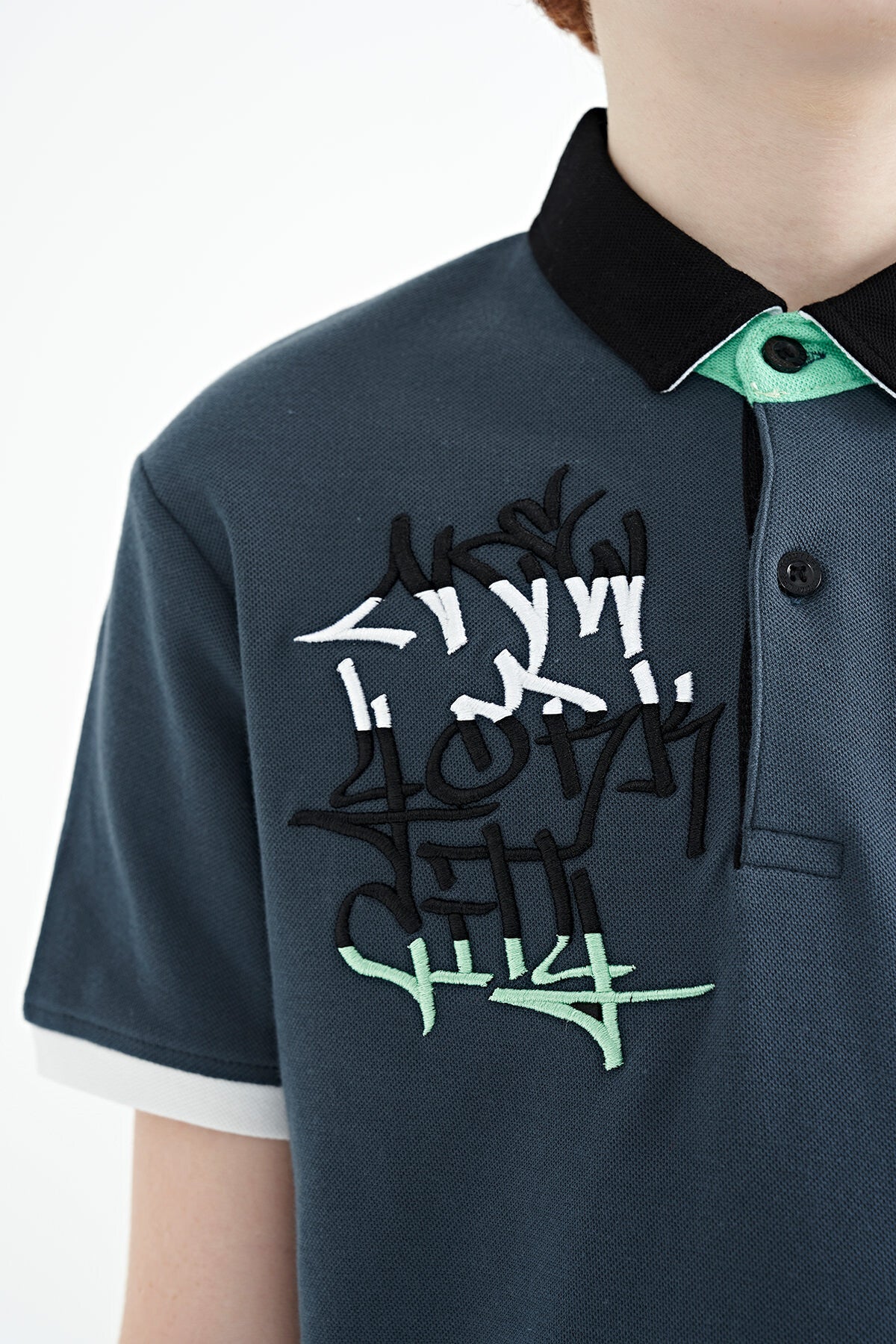 Forest Green Embroidered Detailed Standard Pattern Polo Collar Boys' T-Shirt - 11085