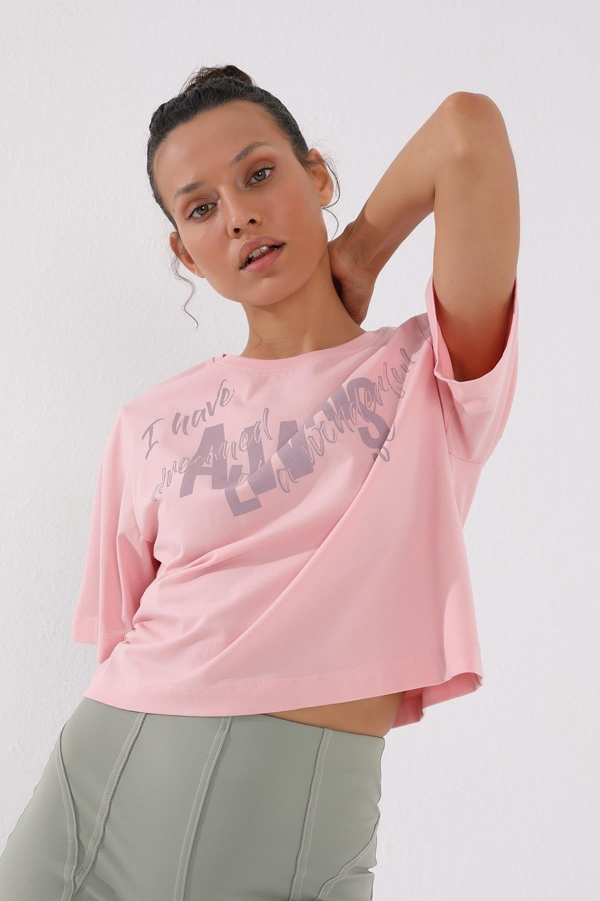 Pink Asymmetric Print O Collar Women's Oversize T-Shirt - 97136