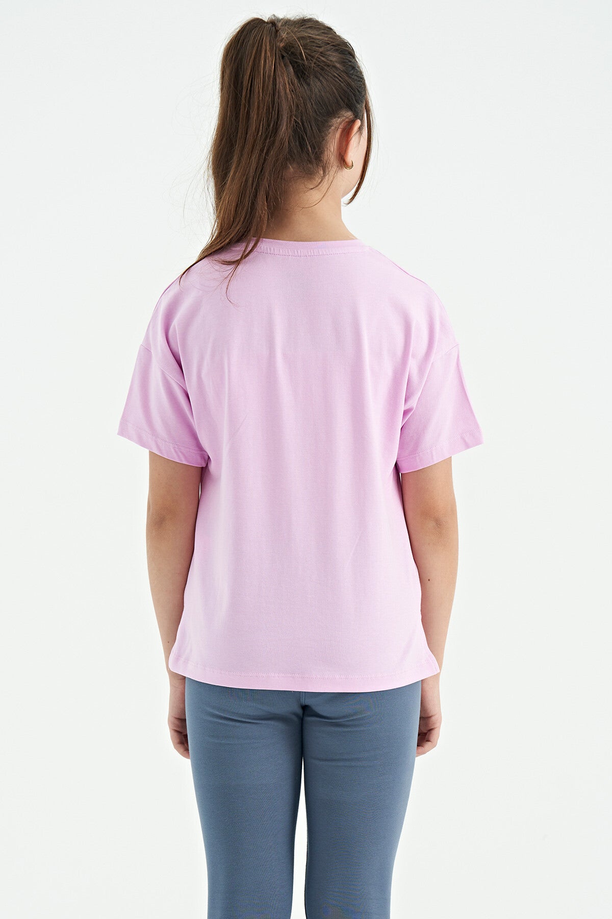 Pink O Collar Printed Text Drop Shoulder Oversize Girl's T-Shirt - 75115