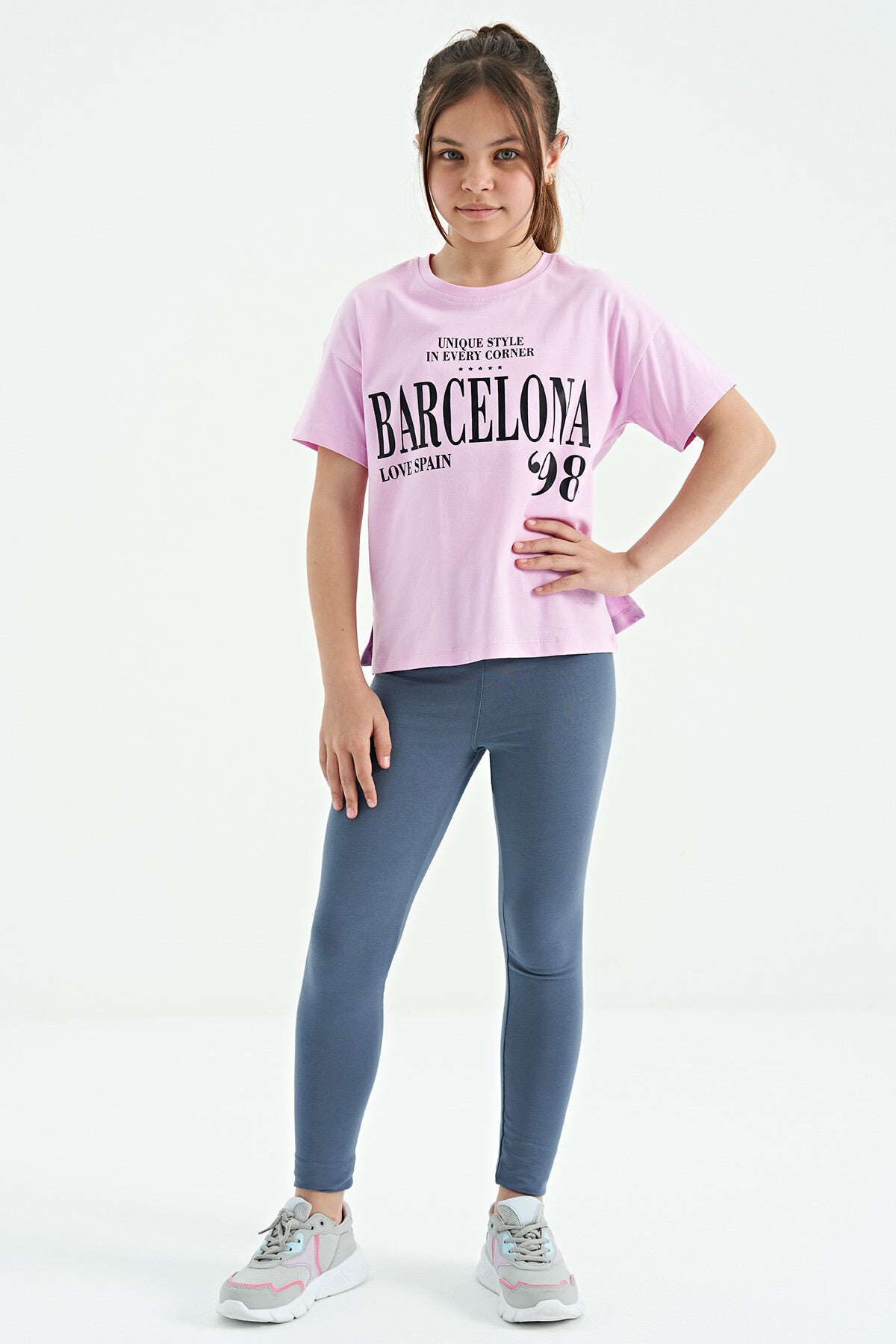 Pink O Collar Printed Text Drop Shoulder Oversize Girl's T-Shirt - 75115