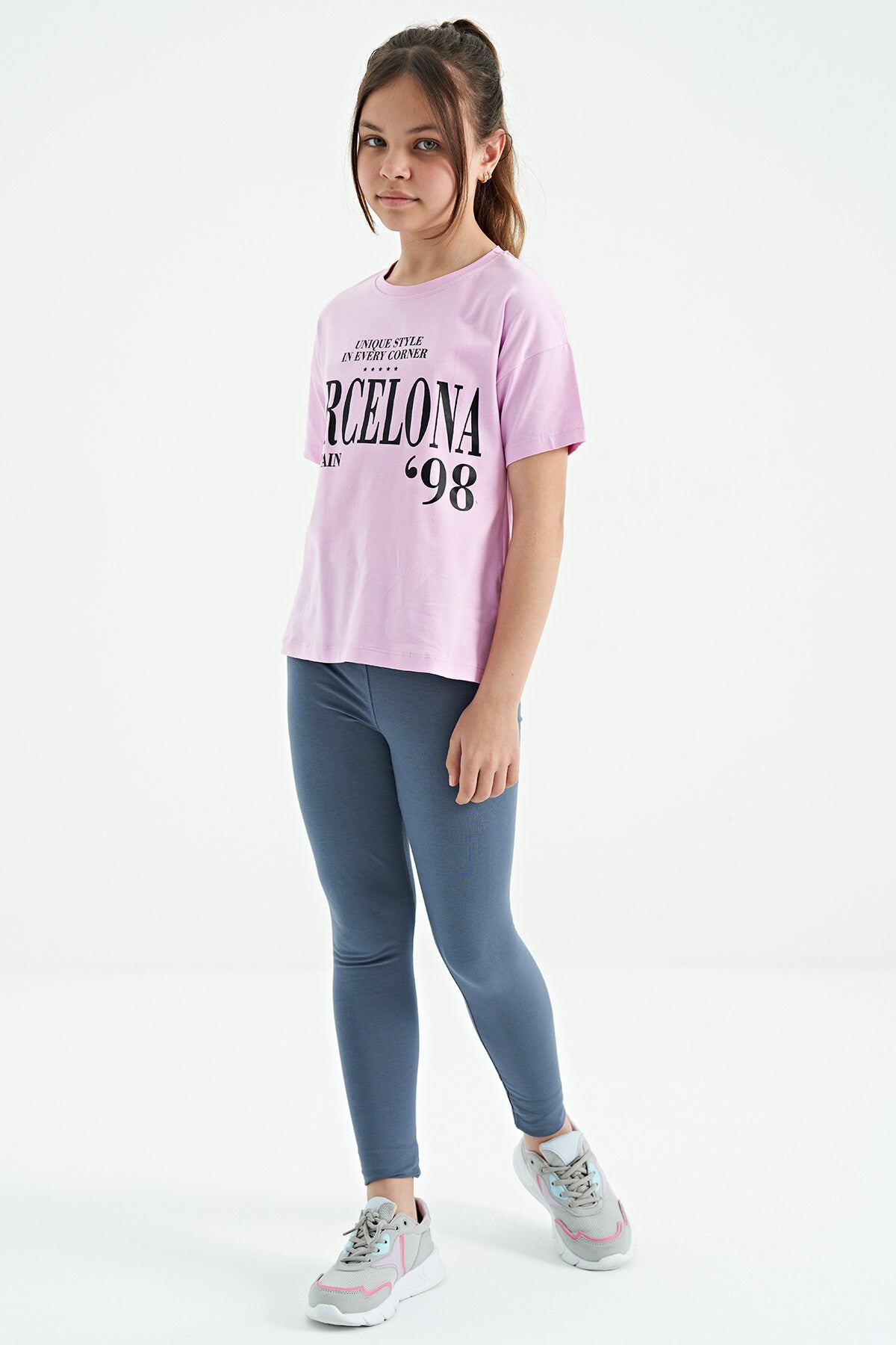 Pink O Collar Printed Text Drop Shoulder Oversize Girl's T-Shirt - 75115