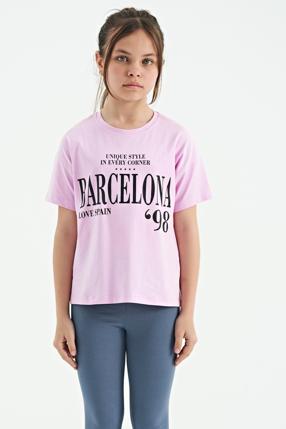 Pink O Collar Printed Text Drop Shoulder Oversize Girl's T-Shirt - 75115