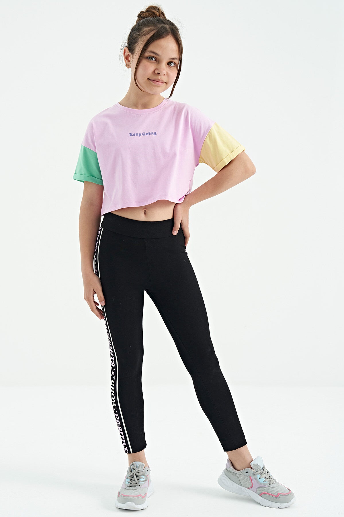 Pink Print O Collar Low Shoulder Oversize Girls T-Shirt - 75130