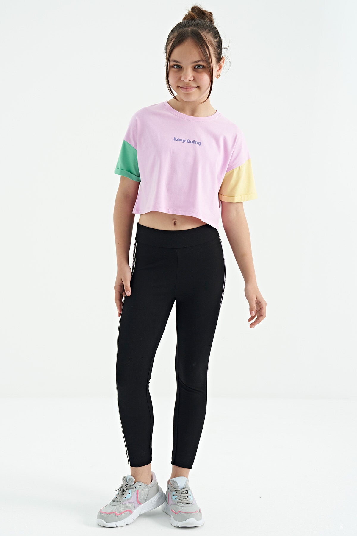 Pink Print O Collar Low Shoulder Oversize Girls T-Shirt - 75130