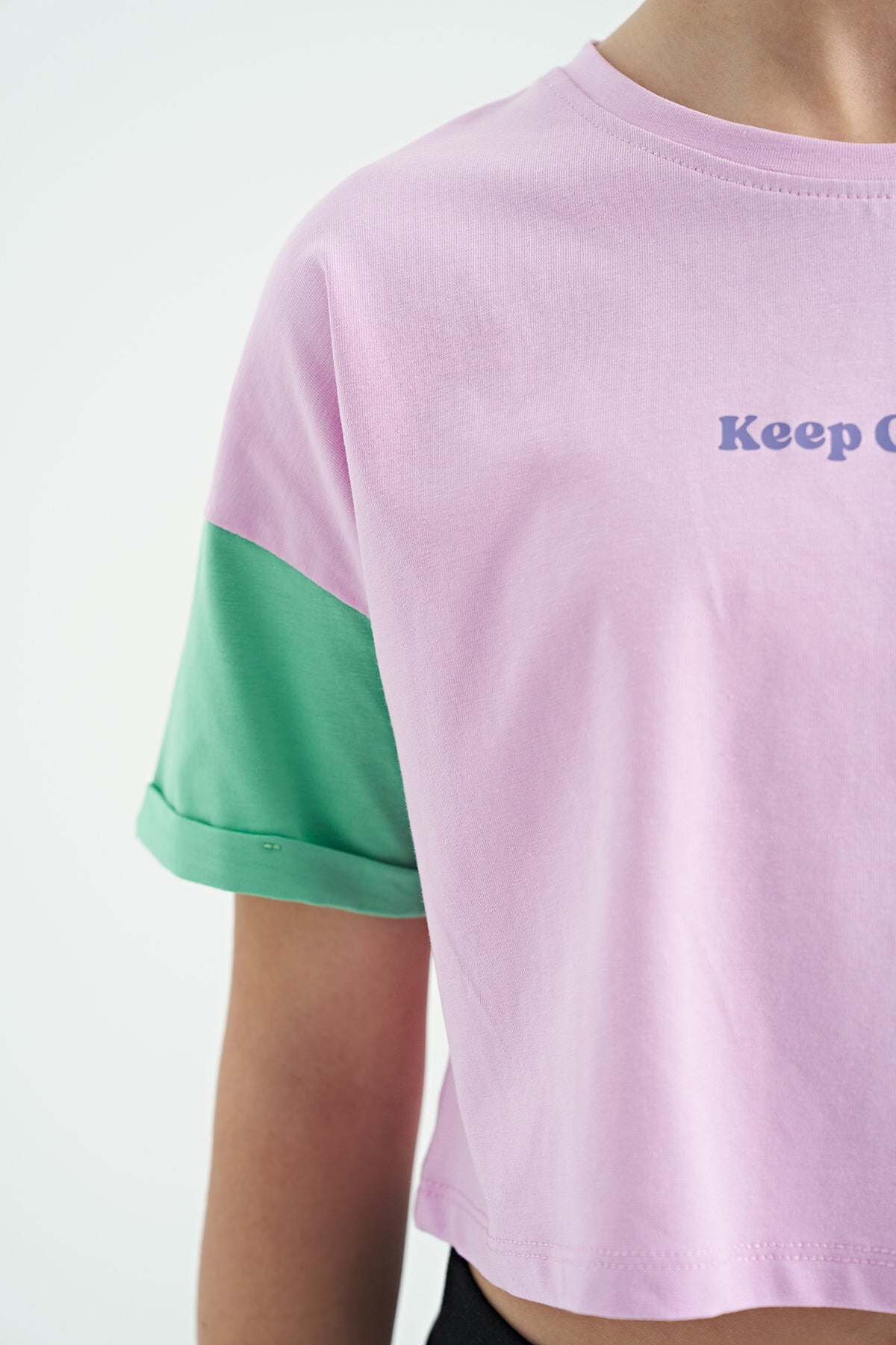 Pink Print O Collar Low Shoulder Oversize Girls T-Shirt - 75130