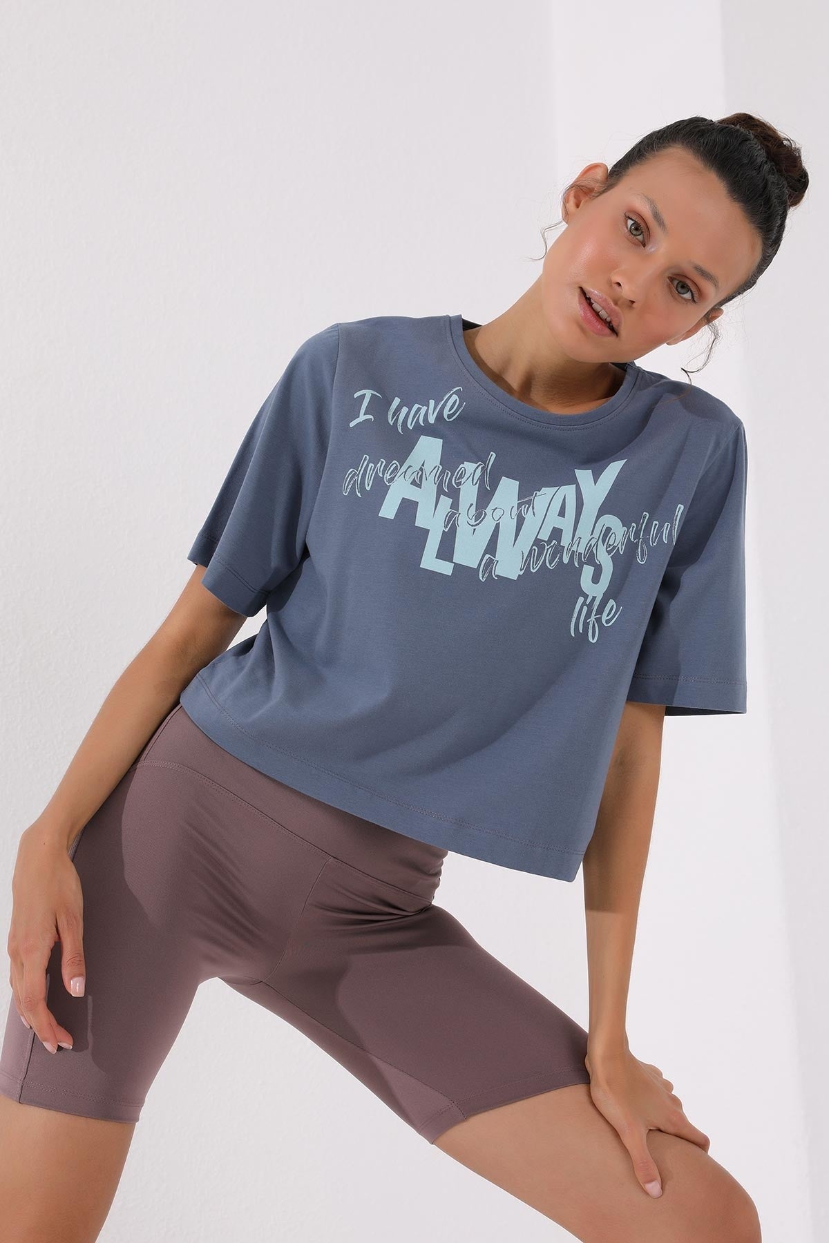 Petrol Asymmetric Print O Collar Women's Oversize T-Shirt - 97136