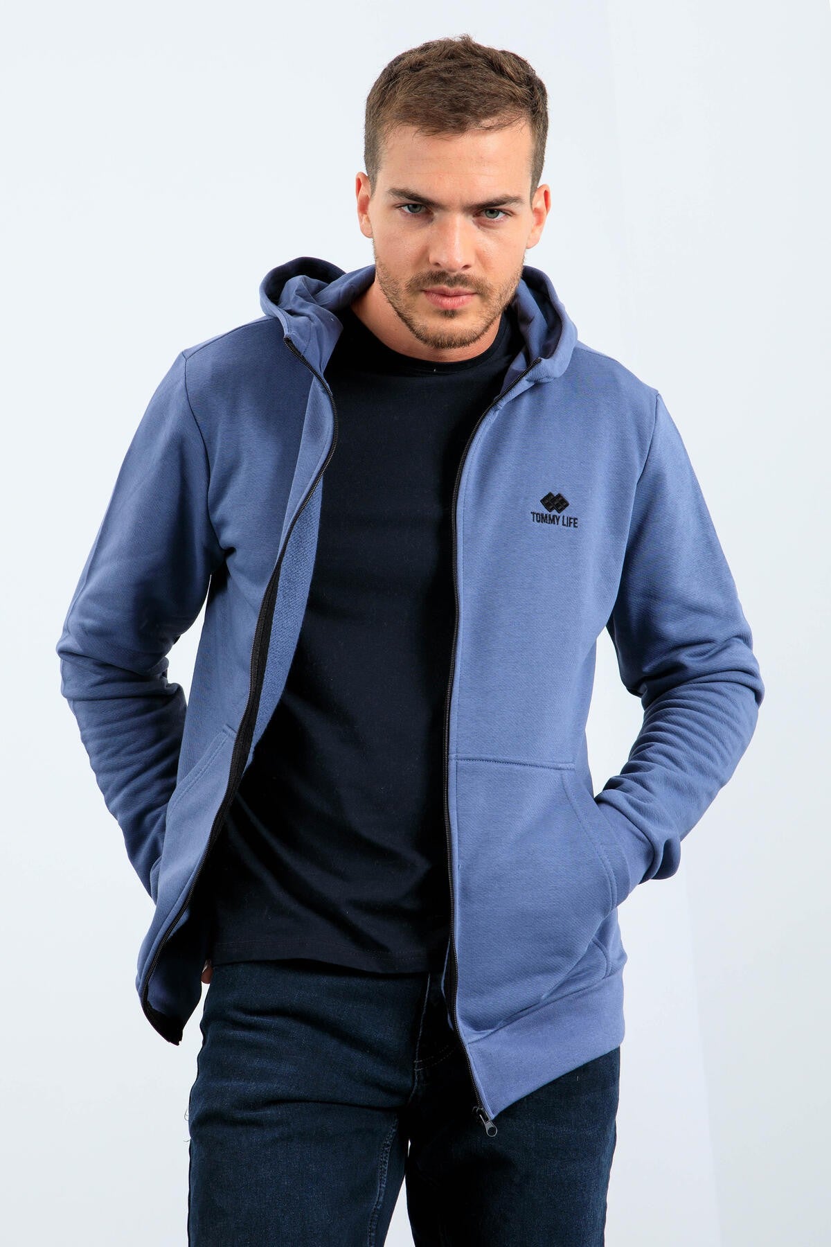 Petrol Basic Hooded Comfort Fit Embroidered Detailed Zipper Men's Sweatshirt - 88035