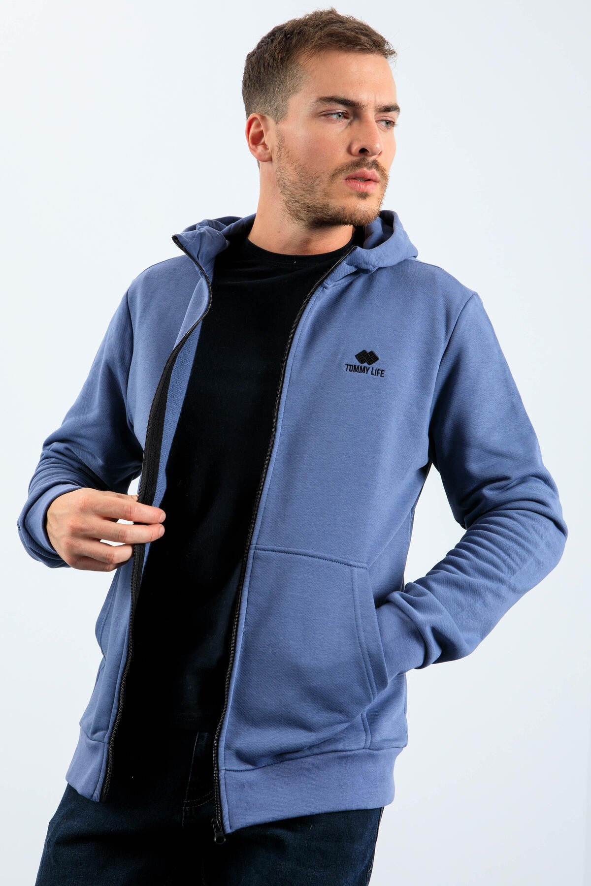 Petrol Basic Hooded Comfort Fit Embroidered Detailed Zipper Men's Sweatshirt - 88035