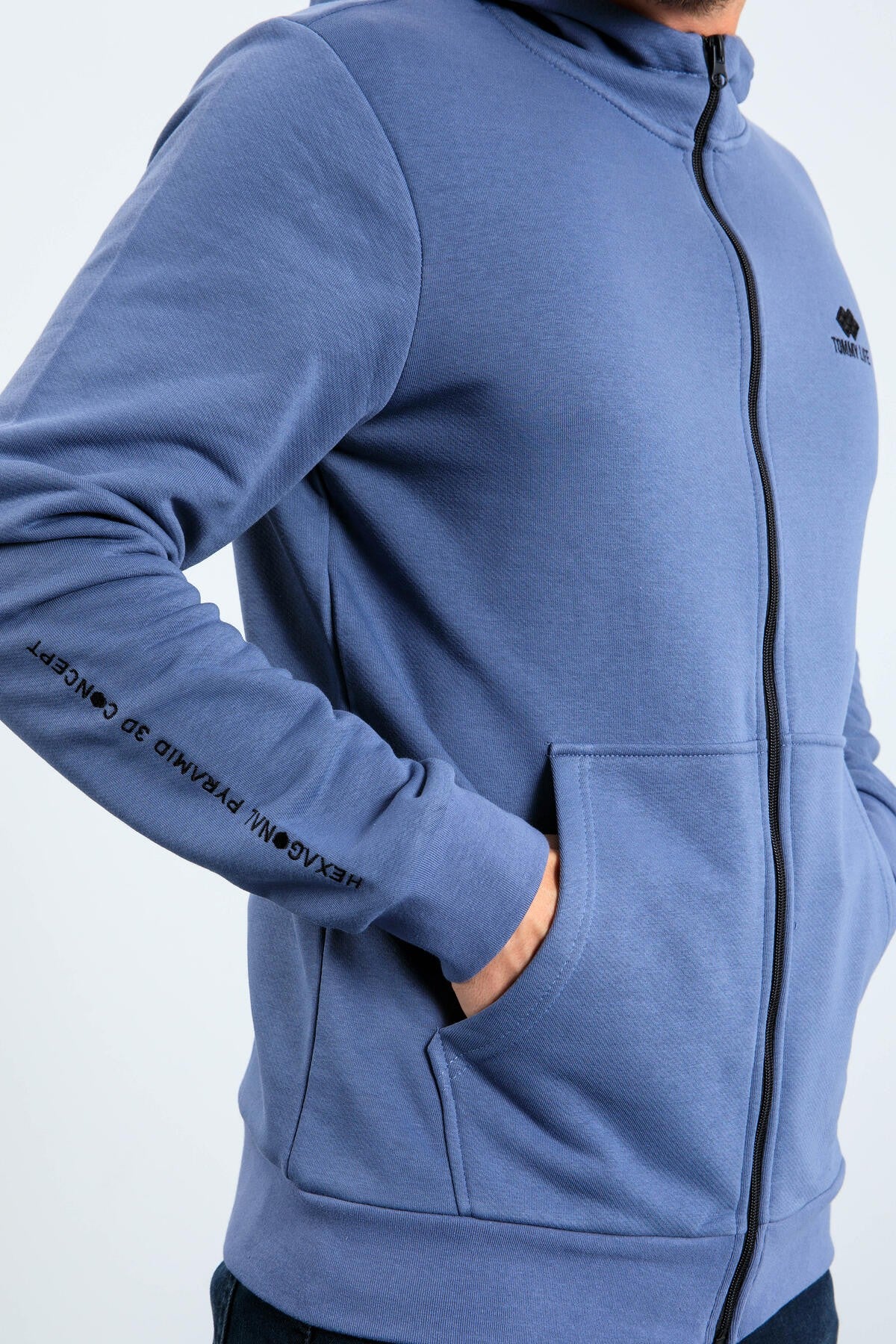 Petrol Basic Hooded Comfort Fit Embroidered Detailed Zipper Men's Sweatshirt - 88035