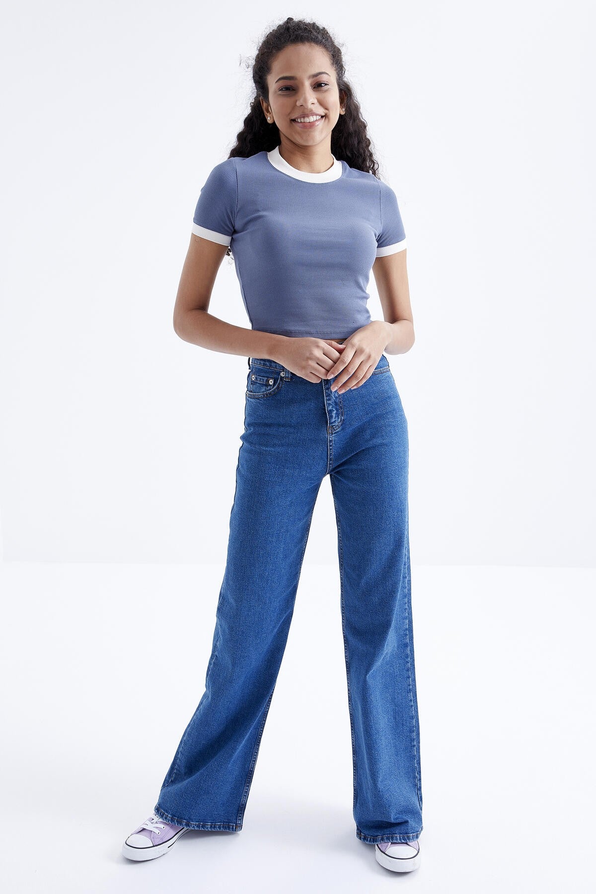 Petrol Basic Kol Detailed O Collar Women's Crop Top T-Shirt - 97200