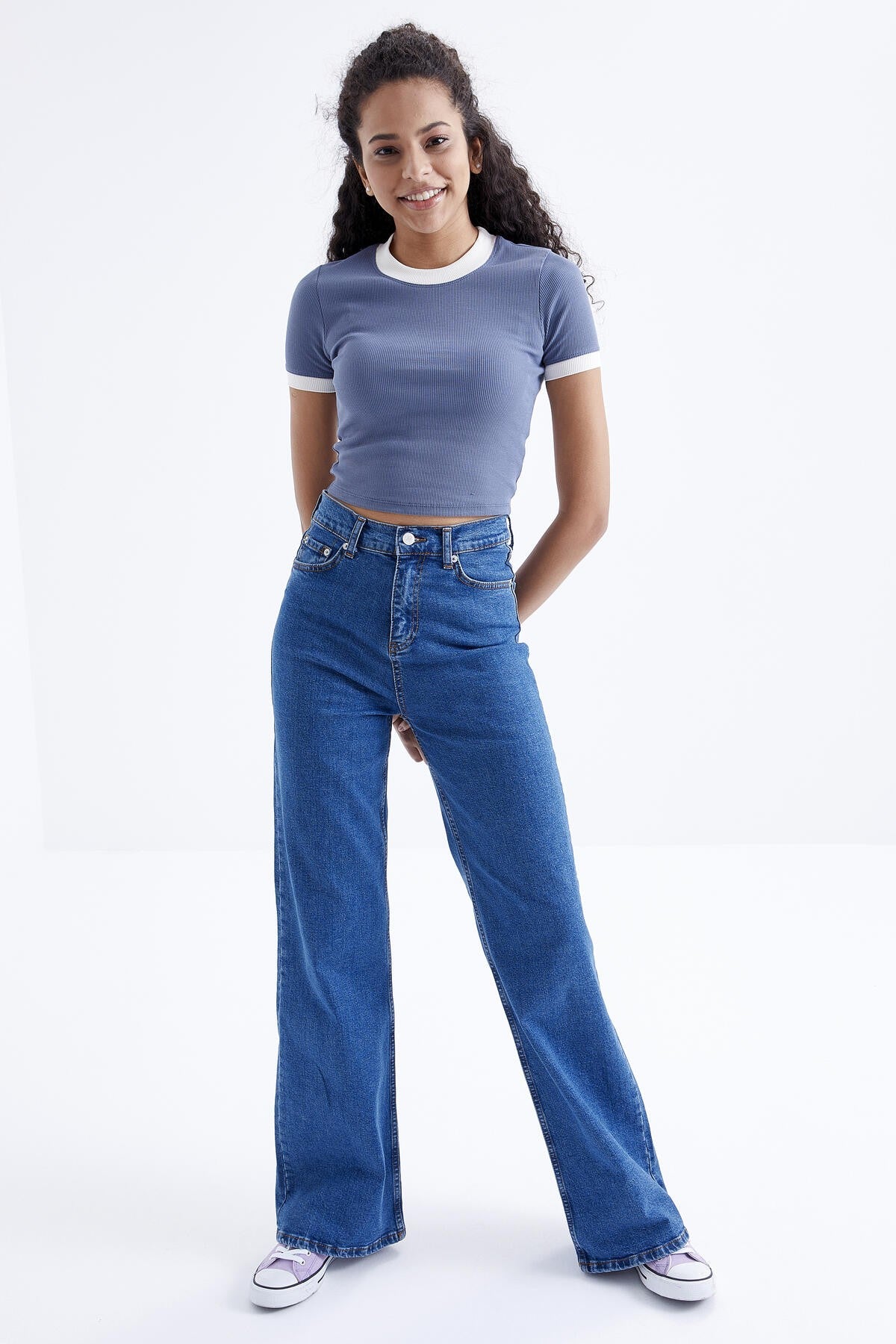 Petrol Basic Kol Detailed O Collar Women's Crop Top T-Shirt - 97200