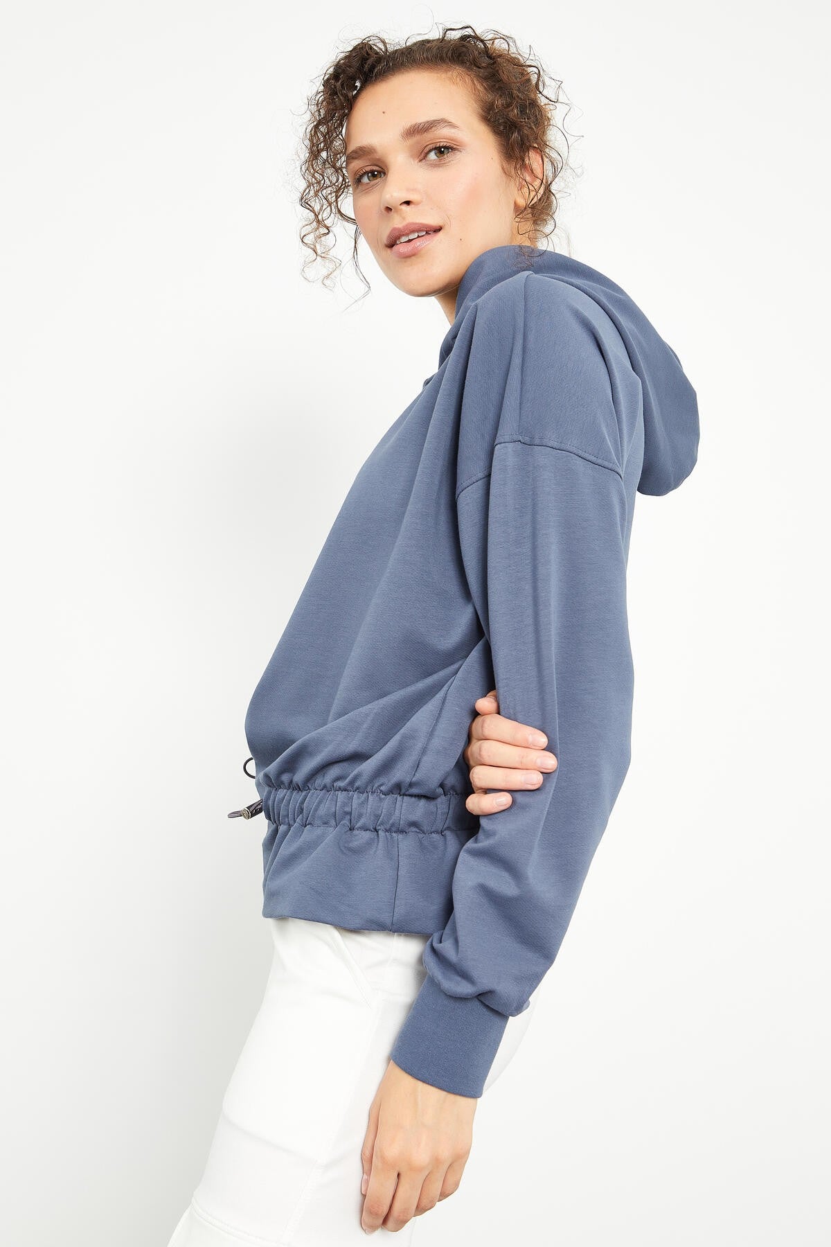 Petrol Blue Pleated Hooded Women's Oversize Sweatshirt - 97159