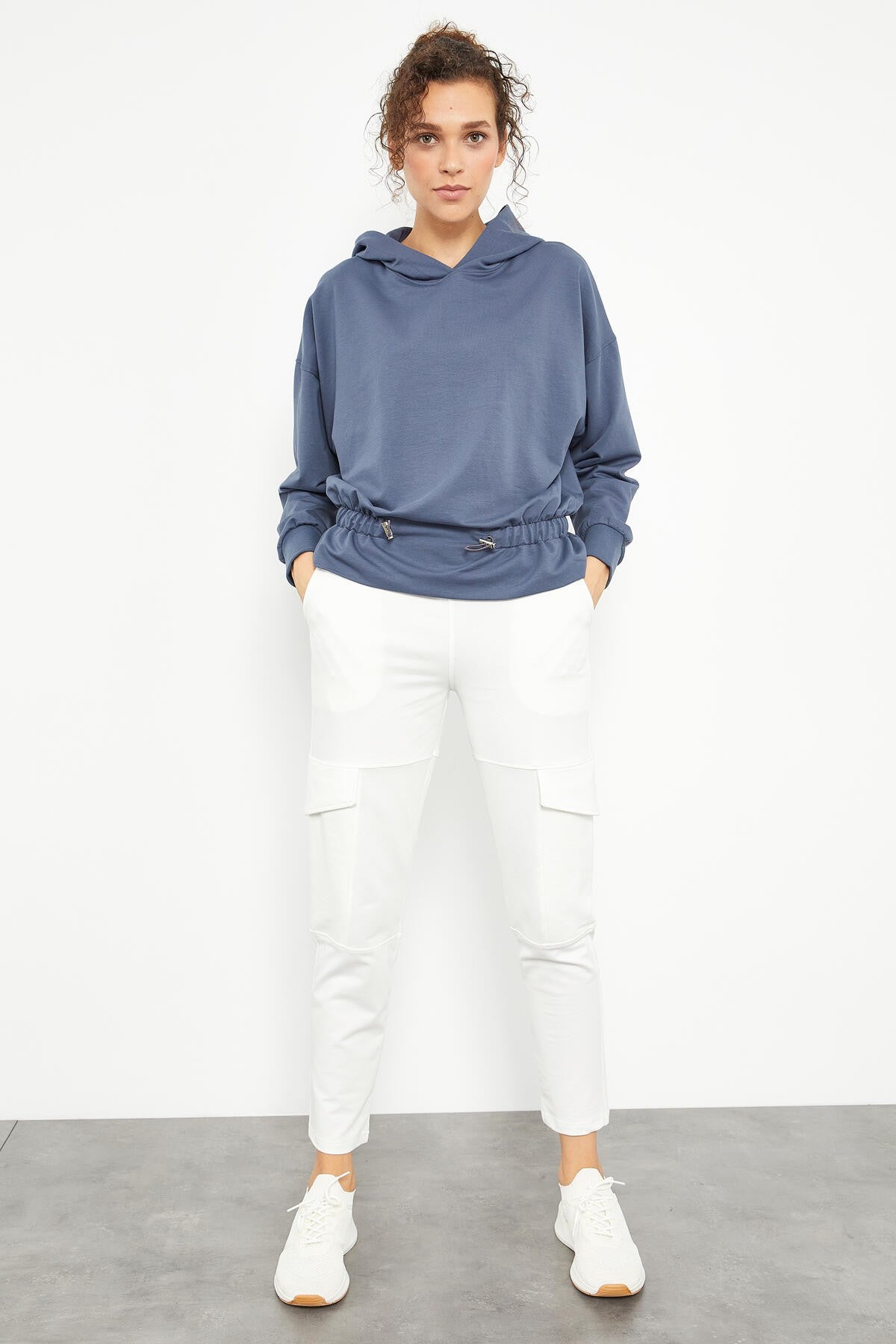 Petrol Blue Pleated Hooded Women's Oversize Sweatshirt - 97159