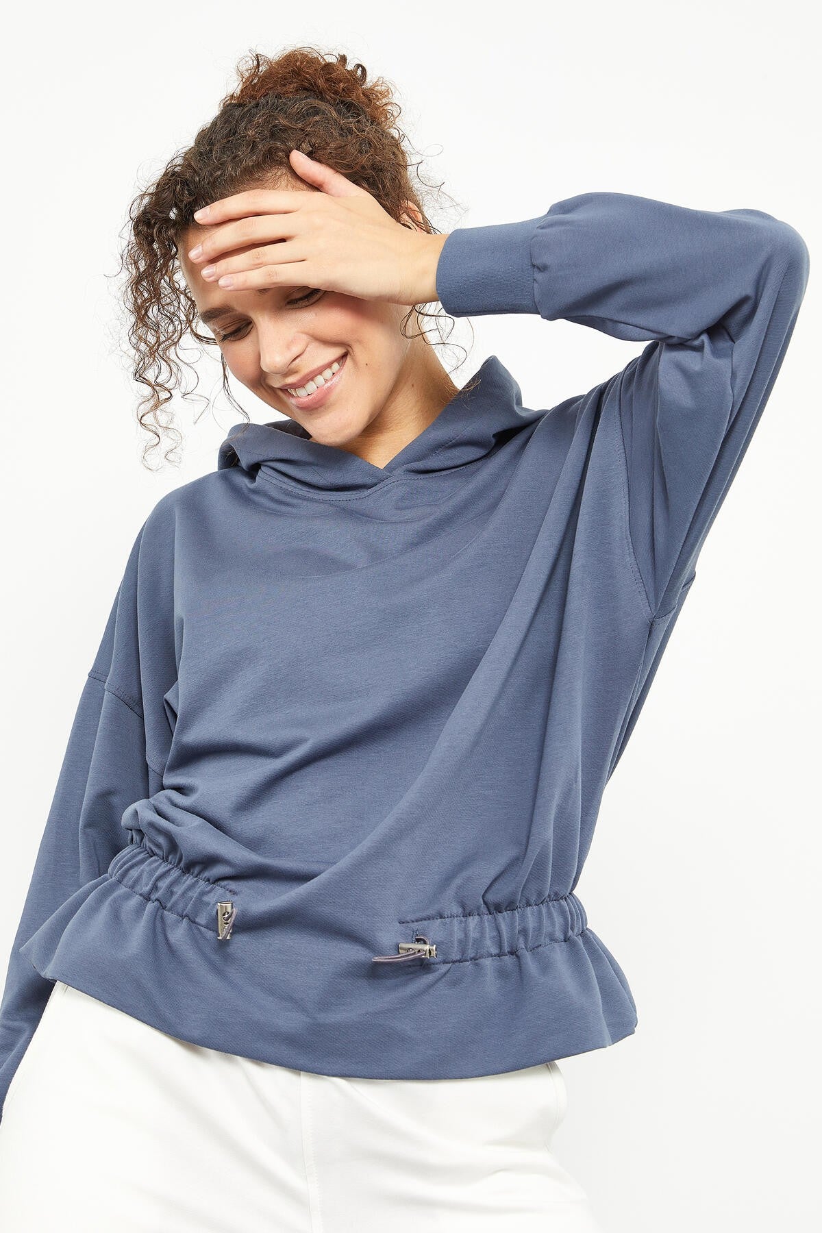 Petrol Blue Pleated Hooded Women's Oversize Sweatshirt - 97159