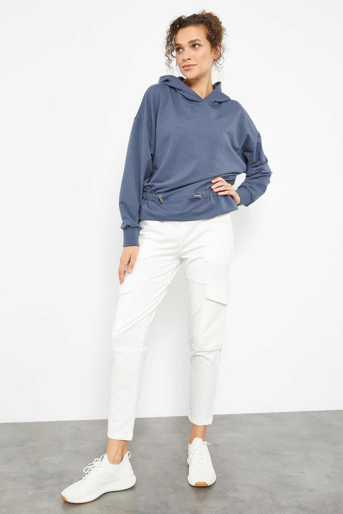 Petrol Blue Pleated Hooded Women's Oversize Sweatshirt - 97159