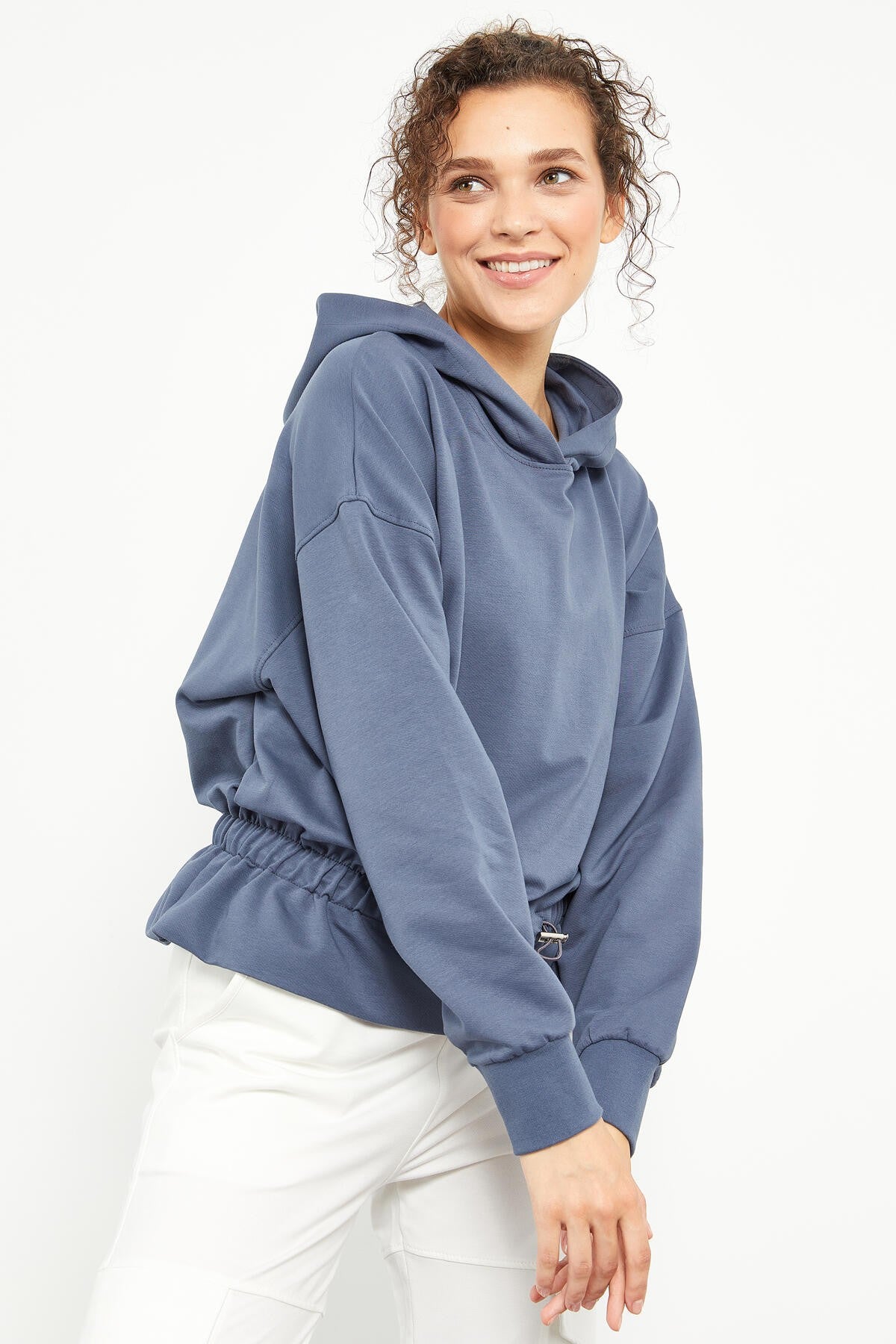 Petrol Blue Pleated Hooded Women's Oversize Sweatshirt - 97159