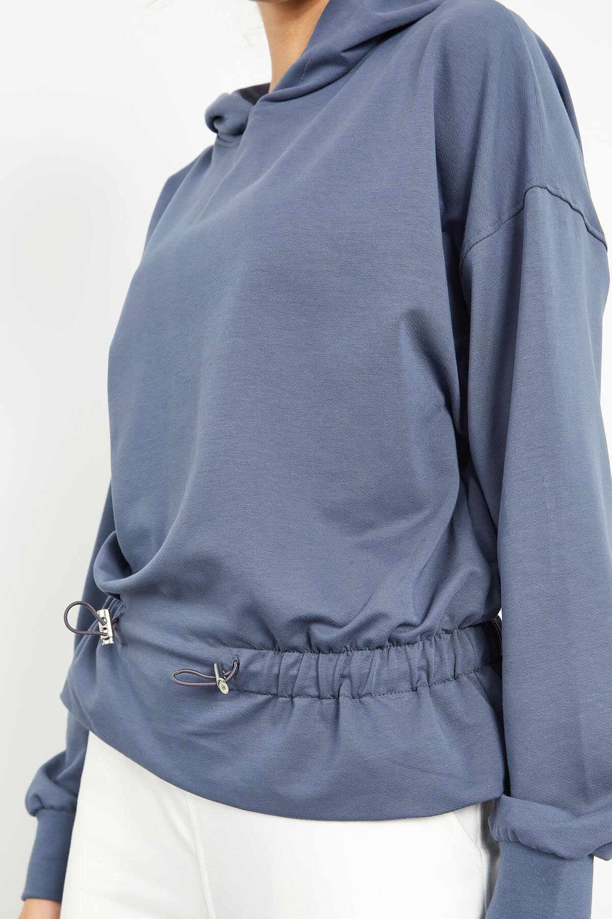 Petrol Blue Pleated Hooded Women's Oversize Sweatshirt - 97159