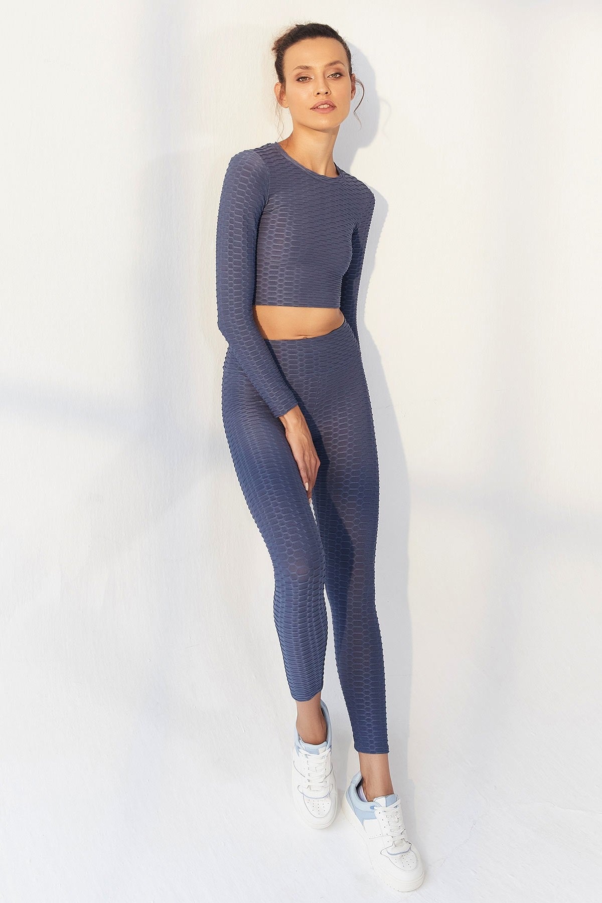 Petrol Self-Patterned O Collar Long Sleeve Women's Crop Top T-Shirt - 97153
