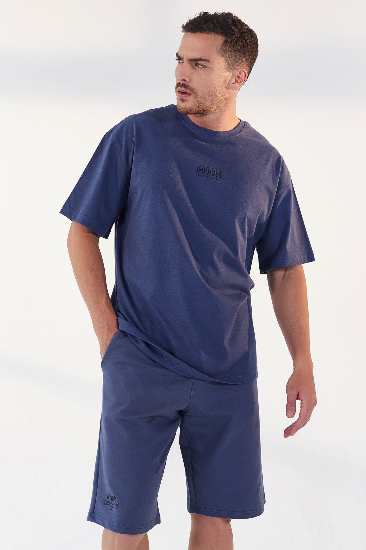 Petrol Small Print O Collar Men's Oversize T-Shirt - 87985
