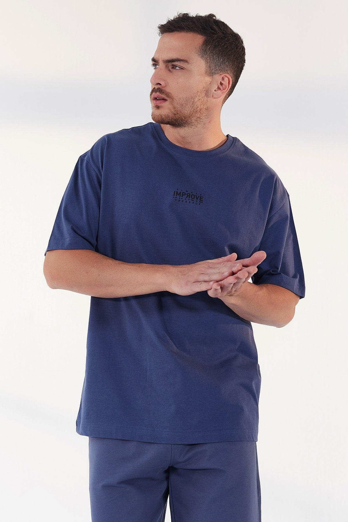 Petrol Small Print O Collar Men's Oversize T-Shirt - 87985