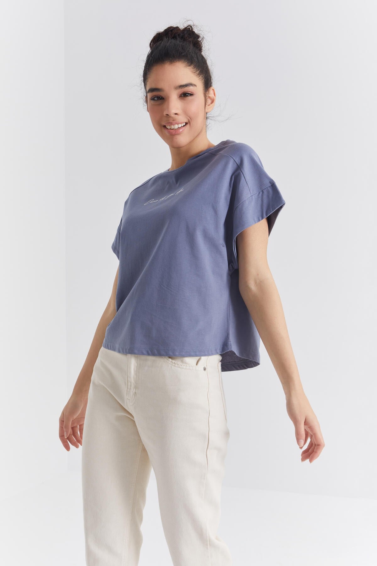 Petrol Minimal Print O Collar Oversize Women's T-Shirt - 97219