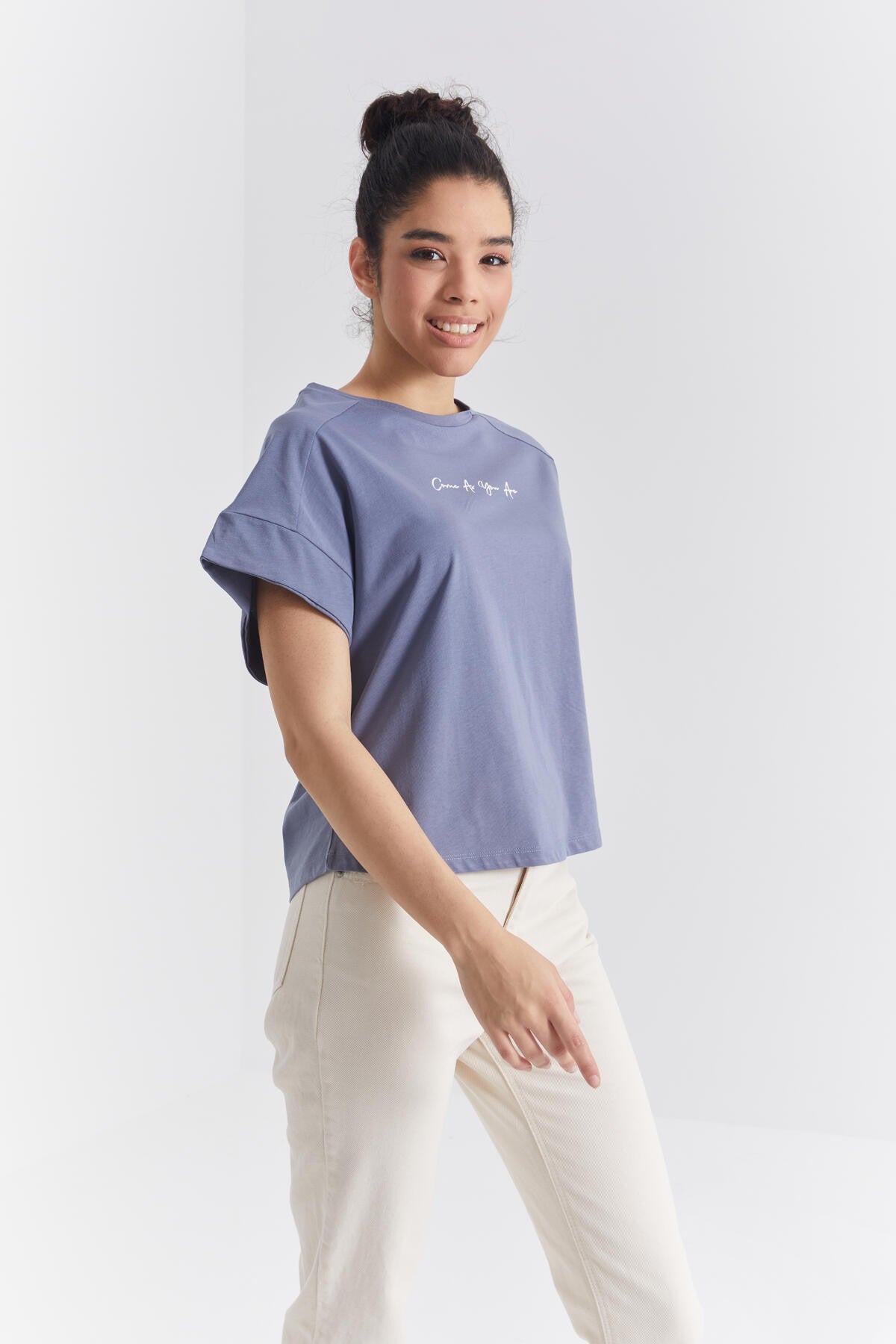 Petrol Minimal Print O Collar Oversize Women's T-Shirt - 97219