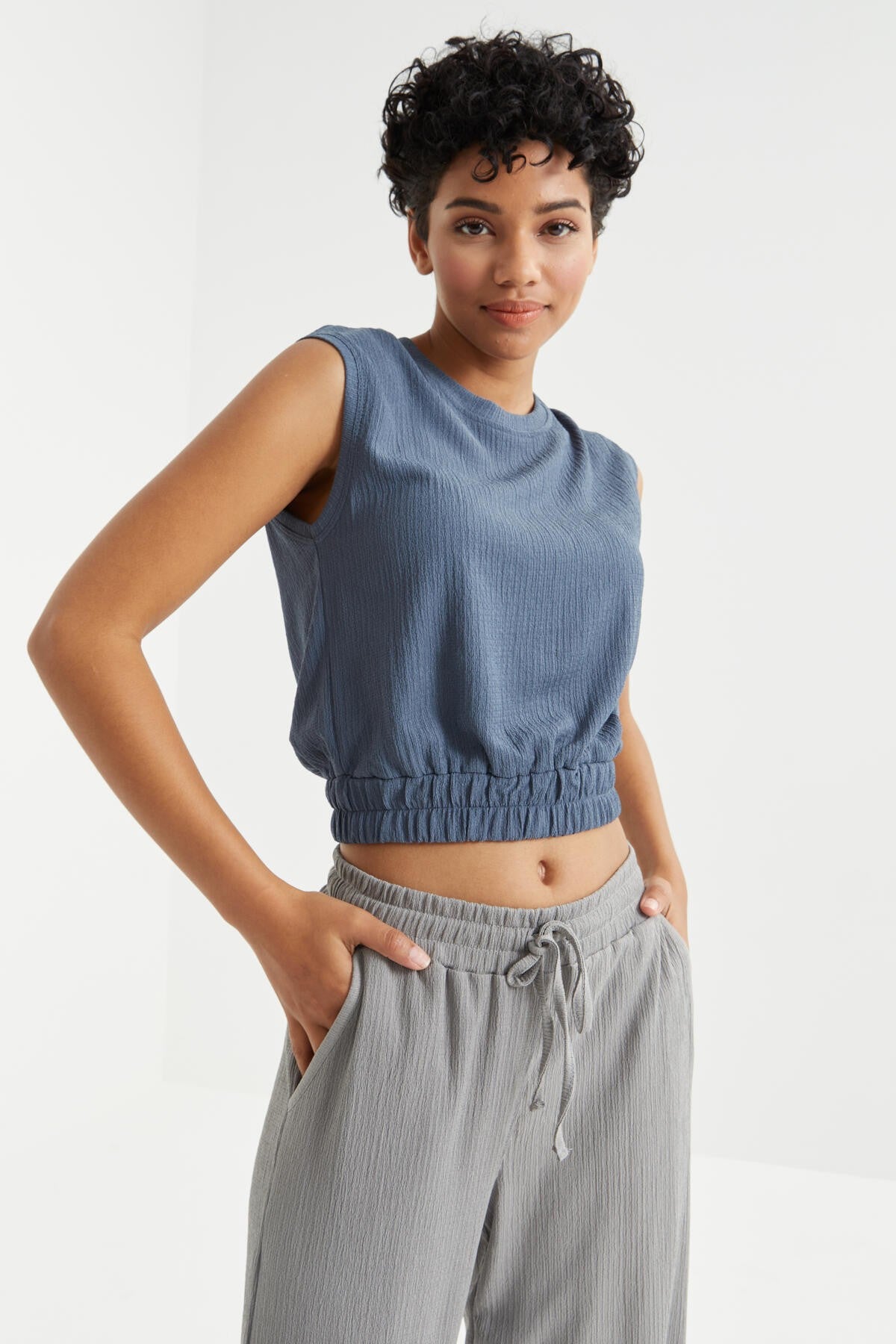 Petrol O Collar Neckless Waist Elastic Crinkle Fabric Women's Crop Top T-Shirt - 97226
