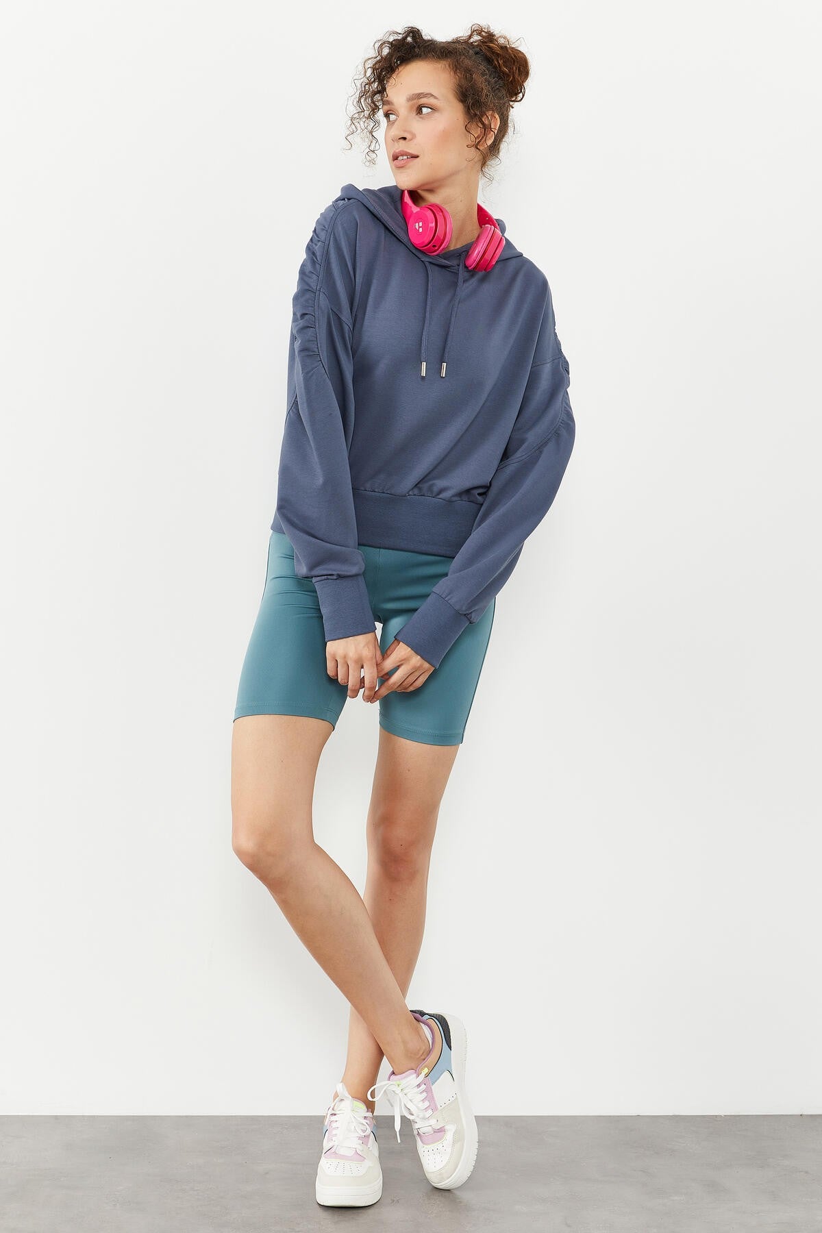 Petrol Shoulder Gather Detailed Balloon Sleeve Comfortable Fit Women's Sweatshirt - 97166
