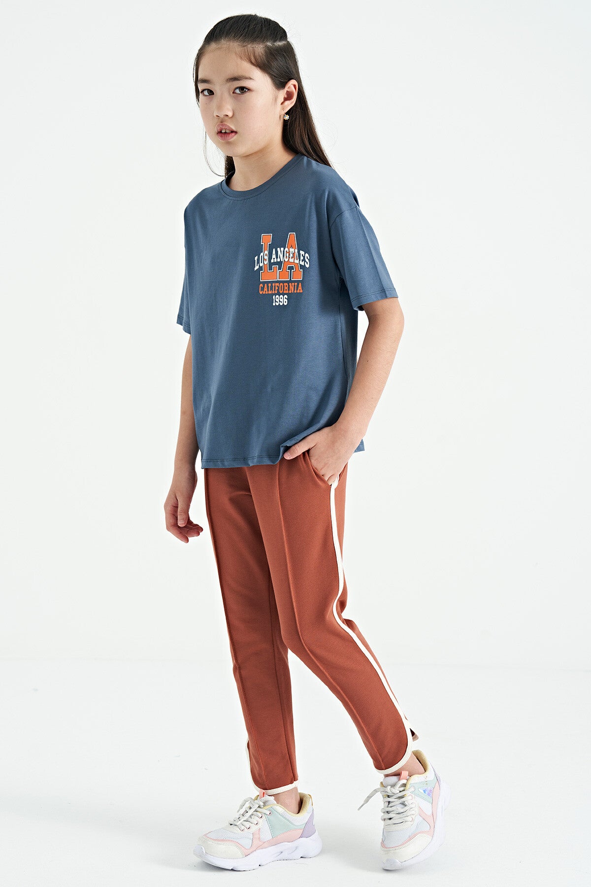Petrol Front Back Print O Collar Oversize Short Sleeve Girl's T-Shirt - 75127