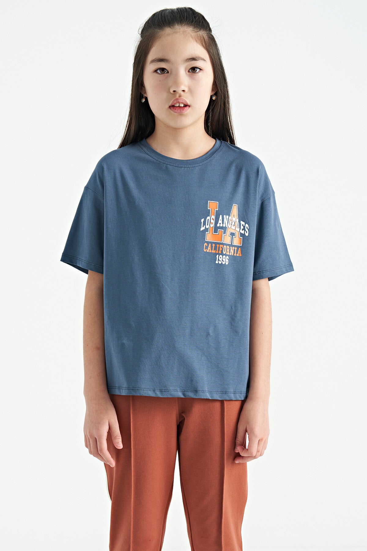 Petrol Front Back Print O Collar Oversize Short Sleeve Girl's T-Shirt - 75127