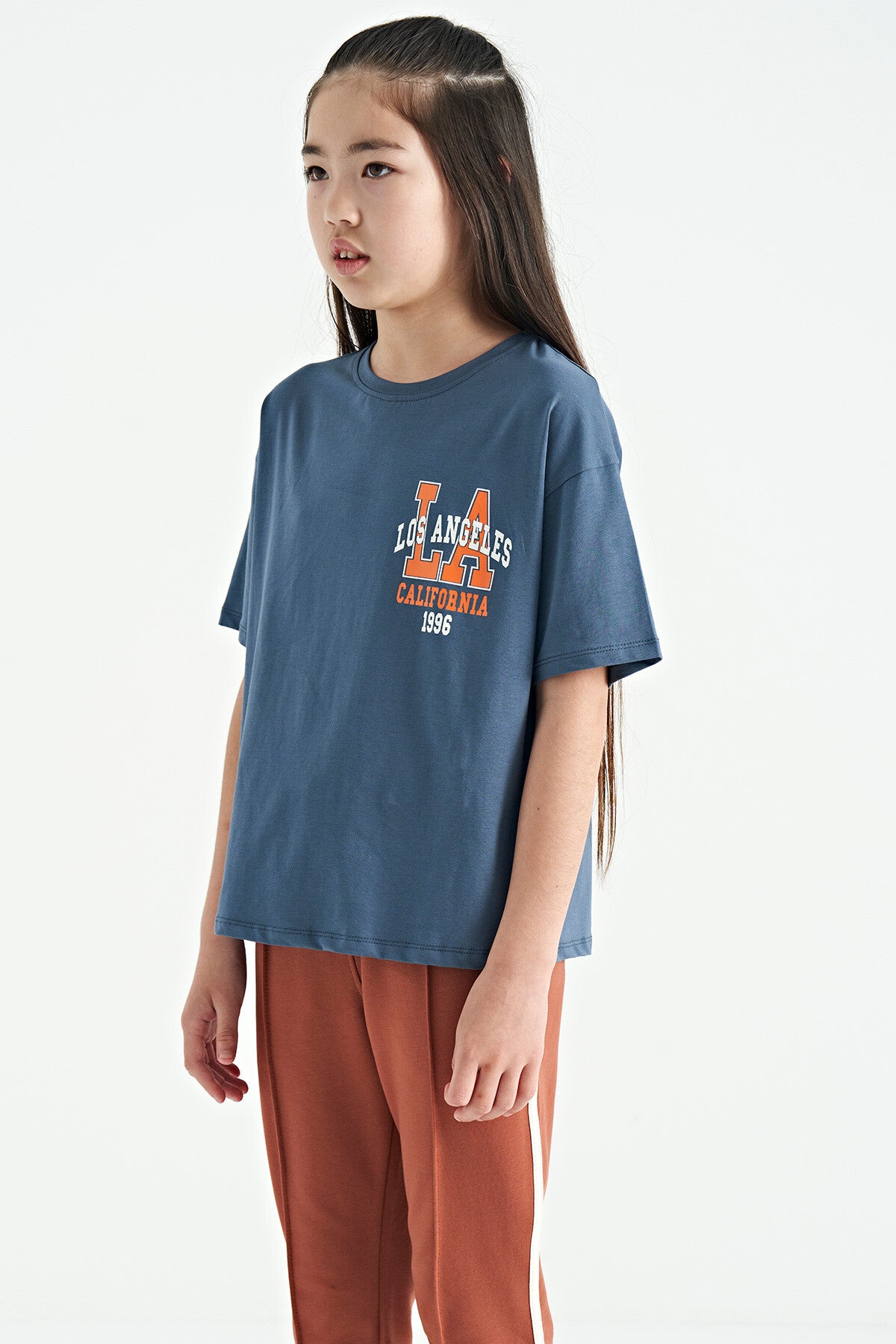 Petrol Front Back Print O Collar Oversize Short Sleeve Girl's T-Shirt - 75127
