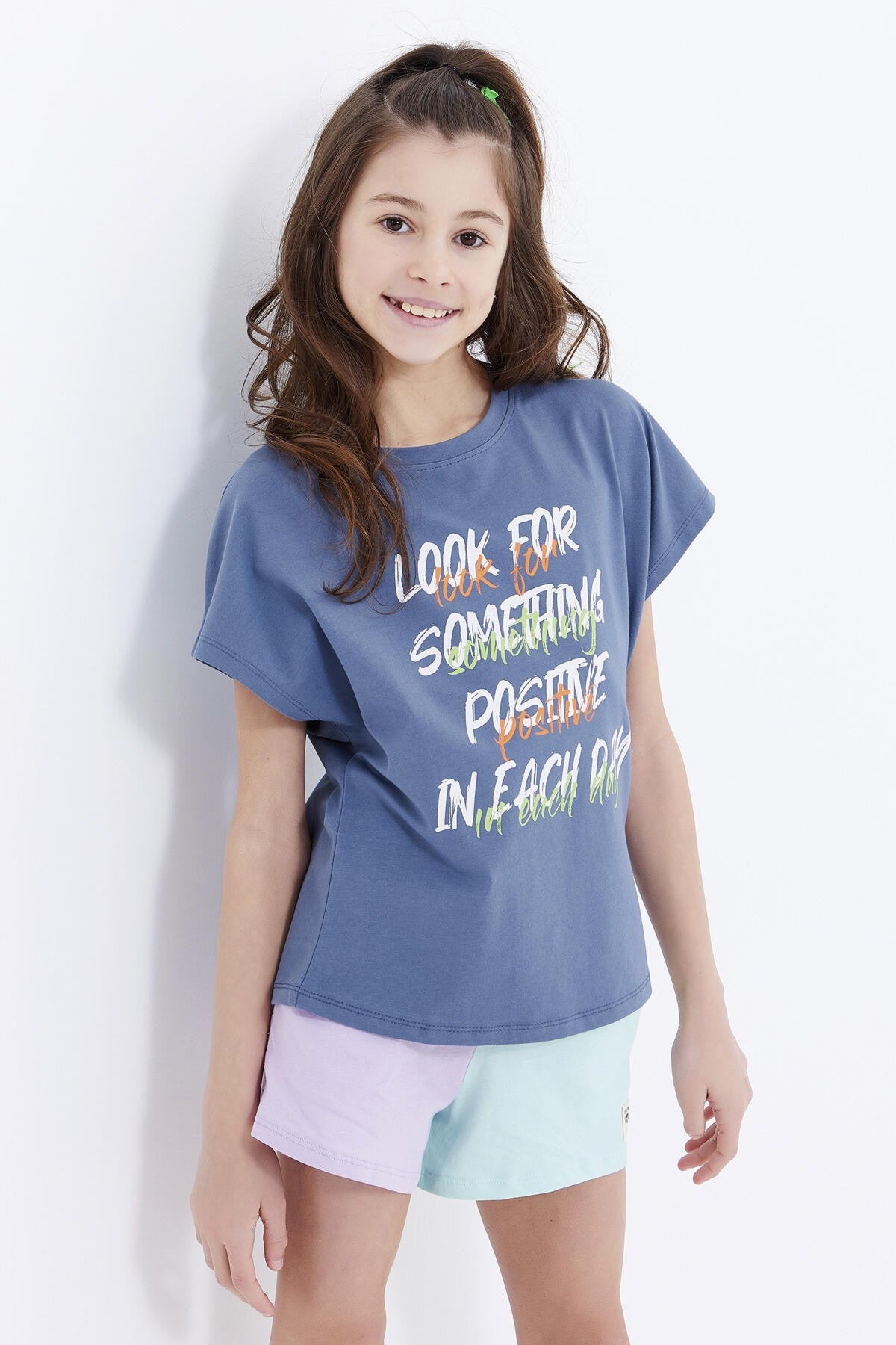 Petrol Oversize Color Print O Collar Girl's T-Shirt - 75029