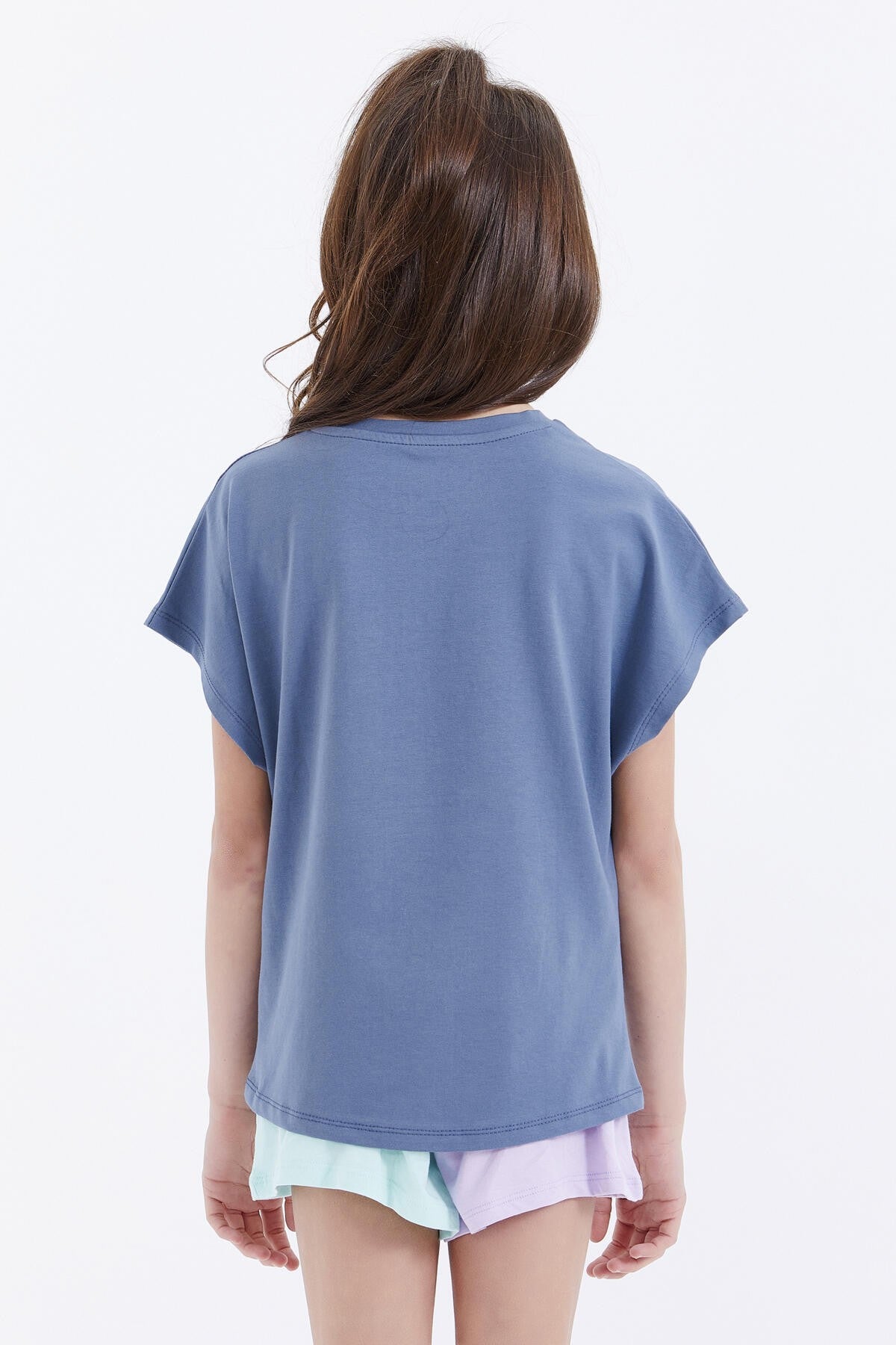 Petrol Oversize Color Print O Collar Girl's T-Shirt - 75029