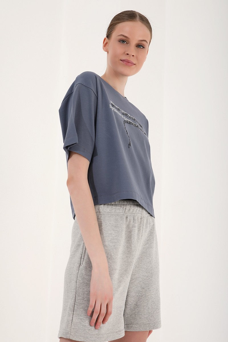 Petrol Printed Short O Collar Women's Oversize T-Shirt - 97135