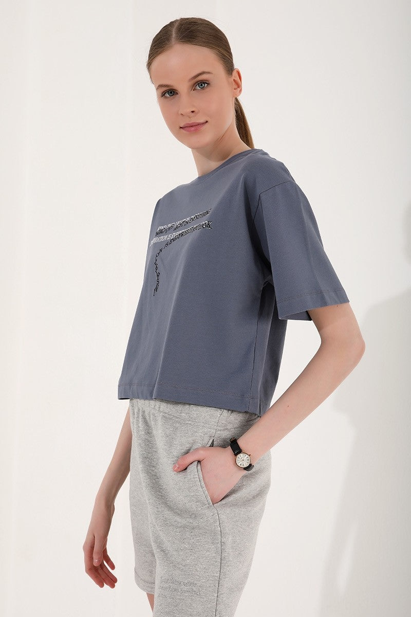 Petrol Printed Short O Collar Women's Oversize T-Shirt - 97135