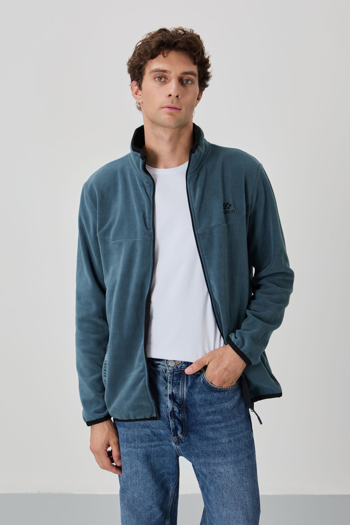 Petrol Blue Embroidered High Collar Zippered Standard Fit Men's Sweatshirt Fleece - 87992