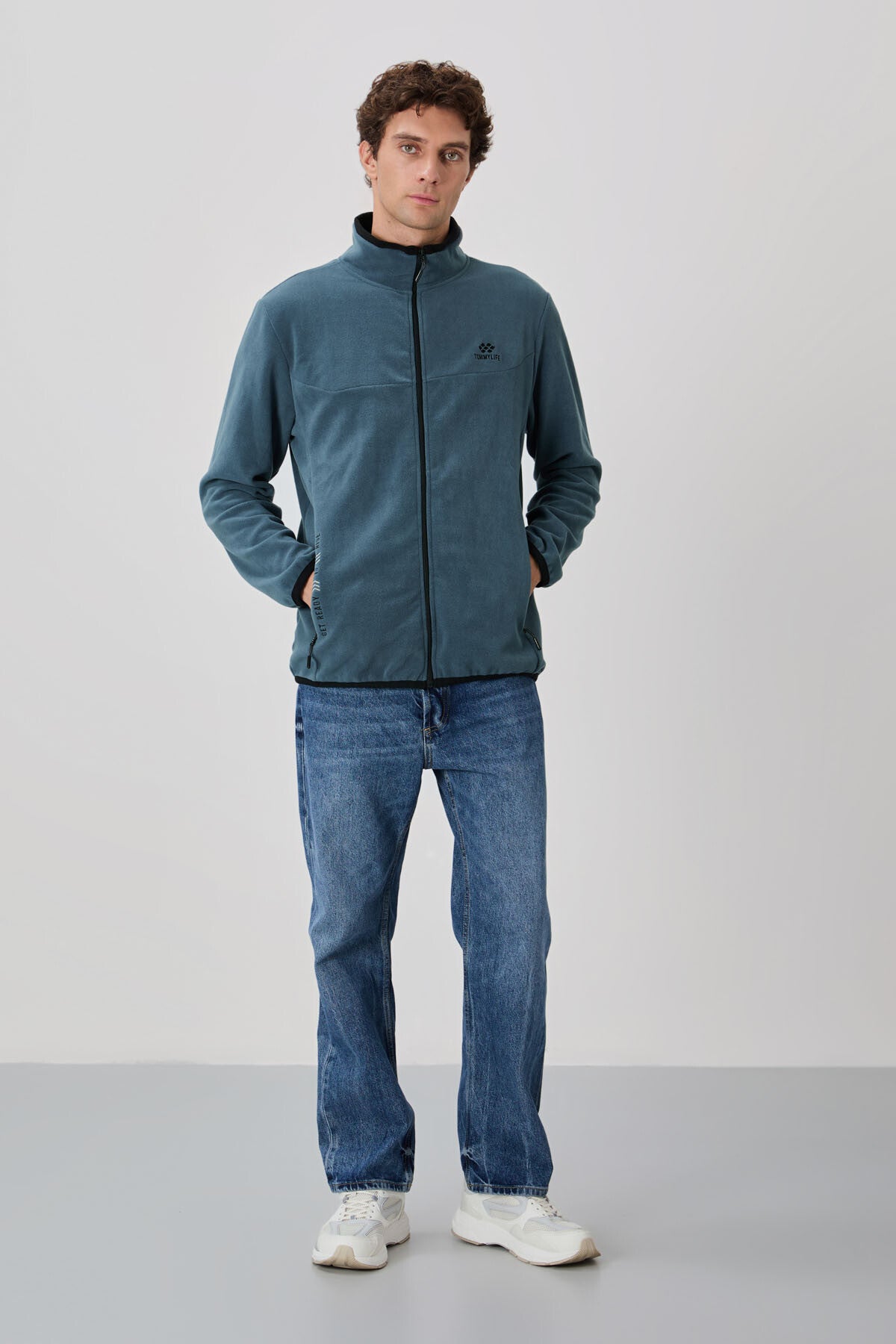 Petrol Blue Embroidered High Collar Zippered Standard Fit Men's Sweatshirt Fleece - 87992