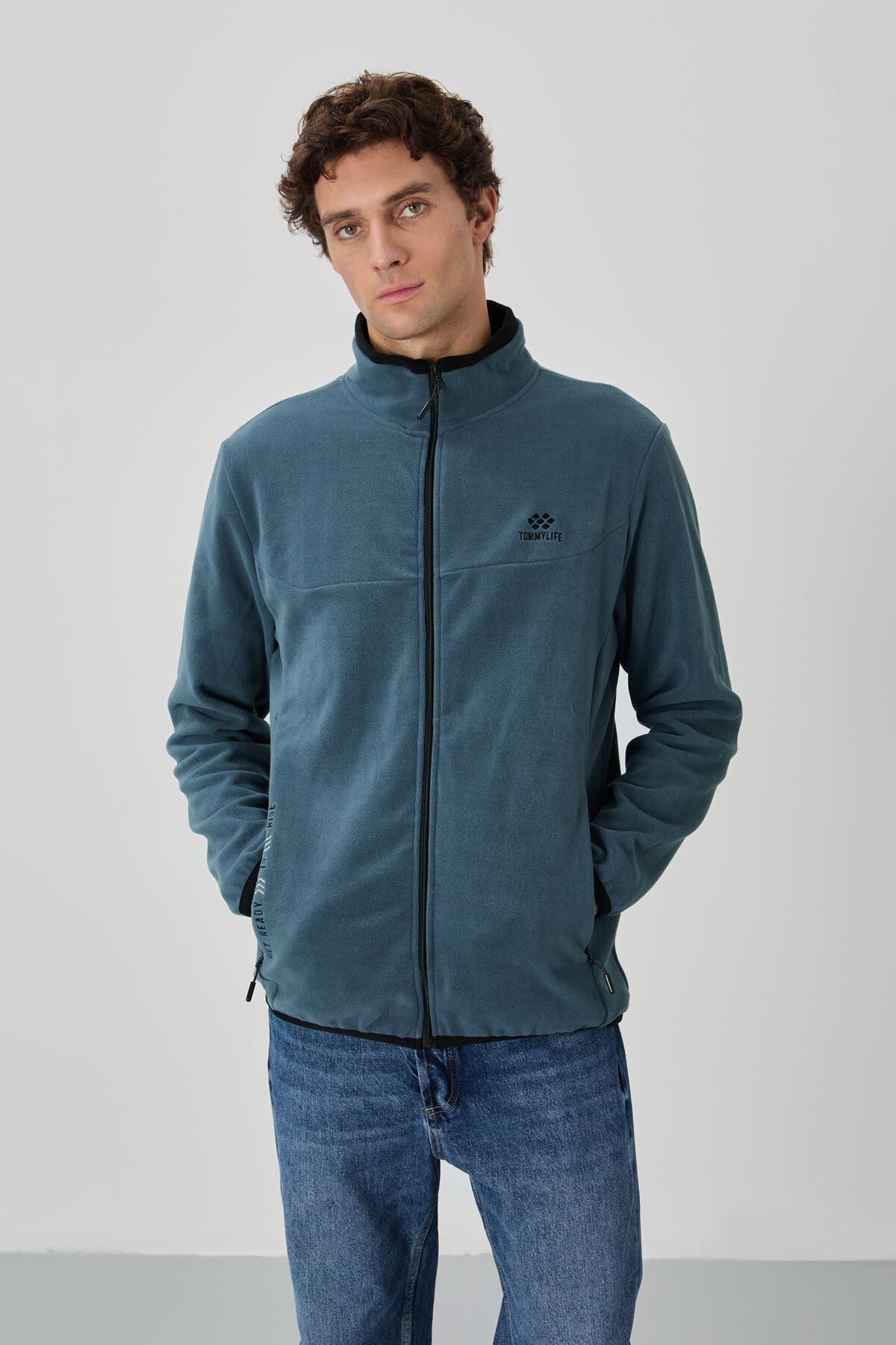 Petrol Blue Embroidered High Collar Zippered Standard Fit Men's Sweatshirt Fleece - 87992