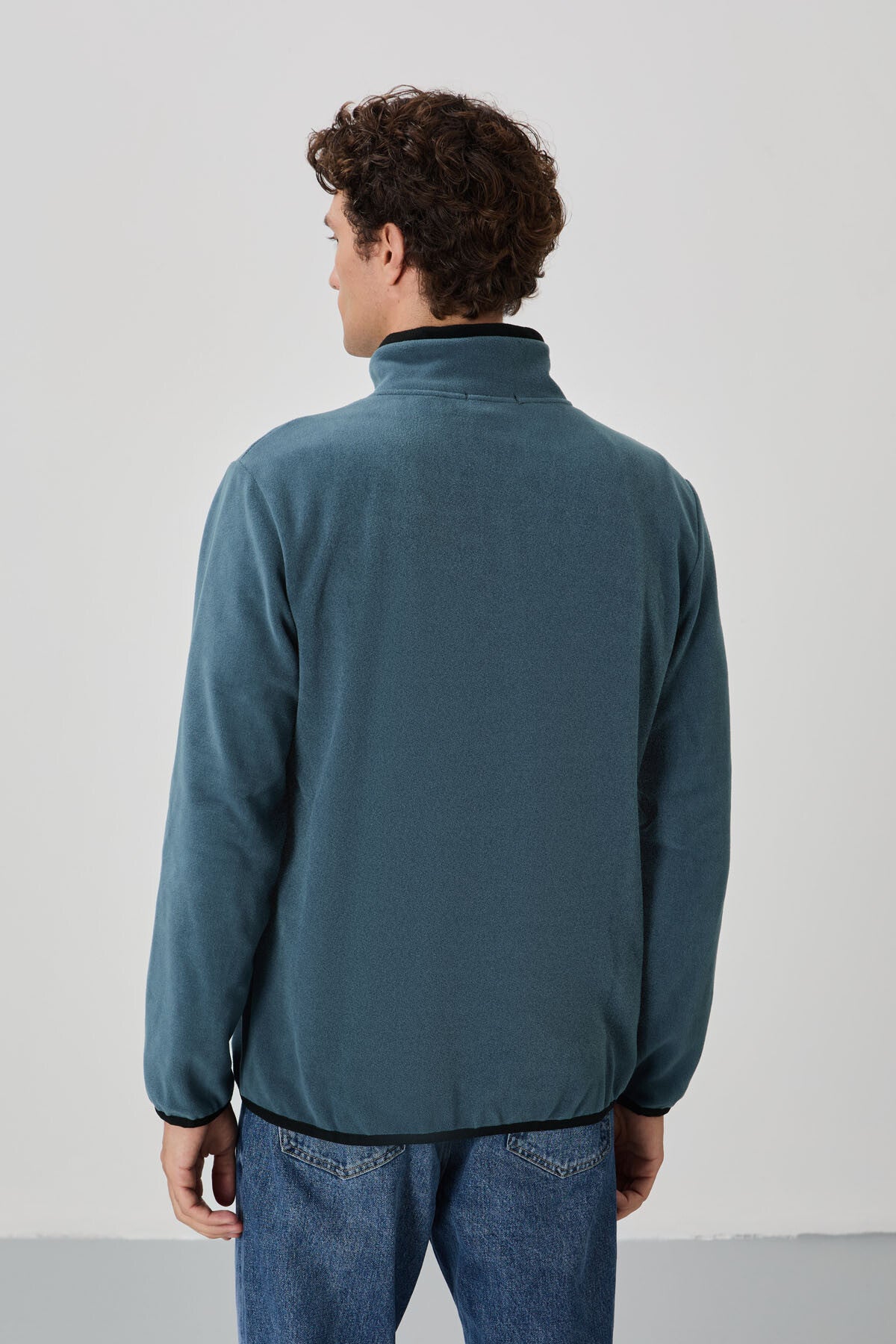 Petrol Blue Embroidered High Collar Zippered Standard Fit Men's Sweatshirt Fleece - 87992