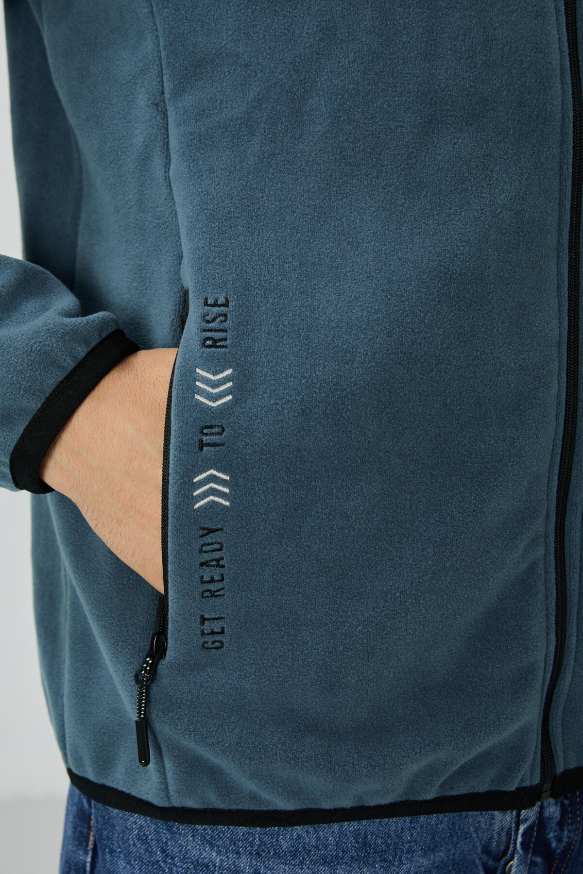 Petrol Blue Embroidered High Collar Zippered Standard Fit Men's Sweatshirt Fleece - 87992