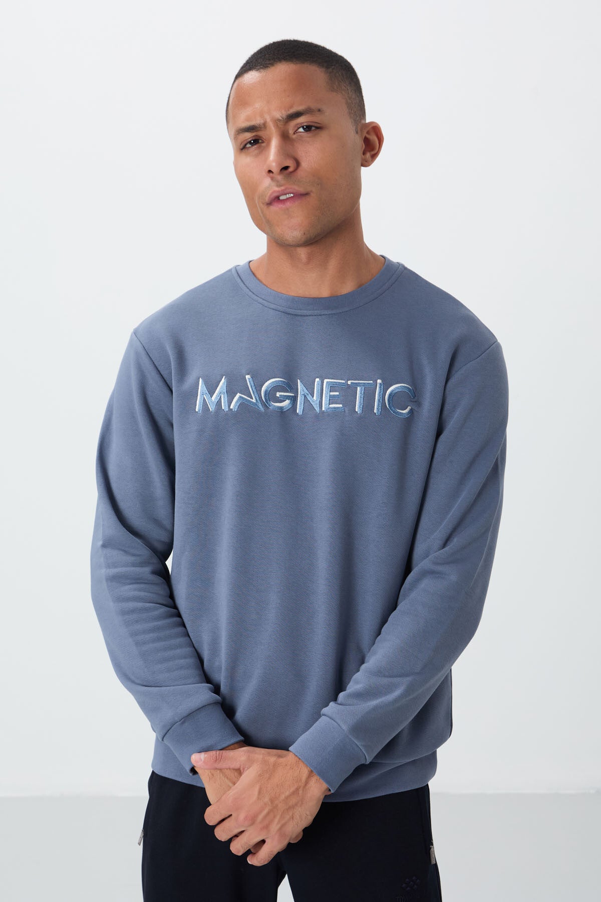 Petrol Blue Letter Embroidered O Collar Comfort Fit Fleece Lined Men's Sweatshirt - 88020