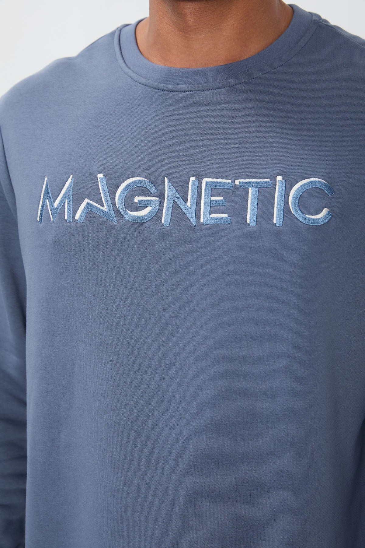 Petrol Blue Letter Embroidered O Collar Comfort Fit Fleece Lined Men's Sweatshirt - 88020