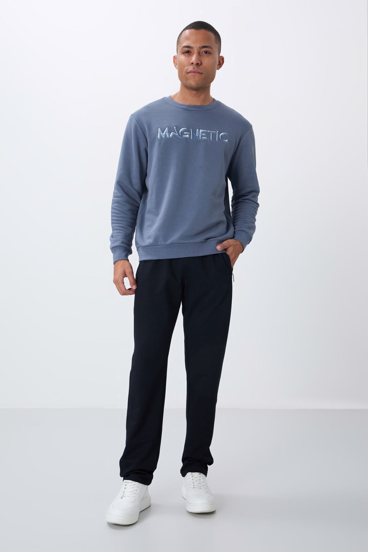 Petrol Blue Letter Embroidered O Collar Comfort Fit Fleece Lined Men's Sweatshirt - 88020