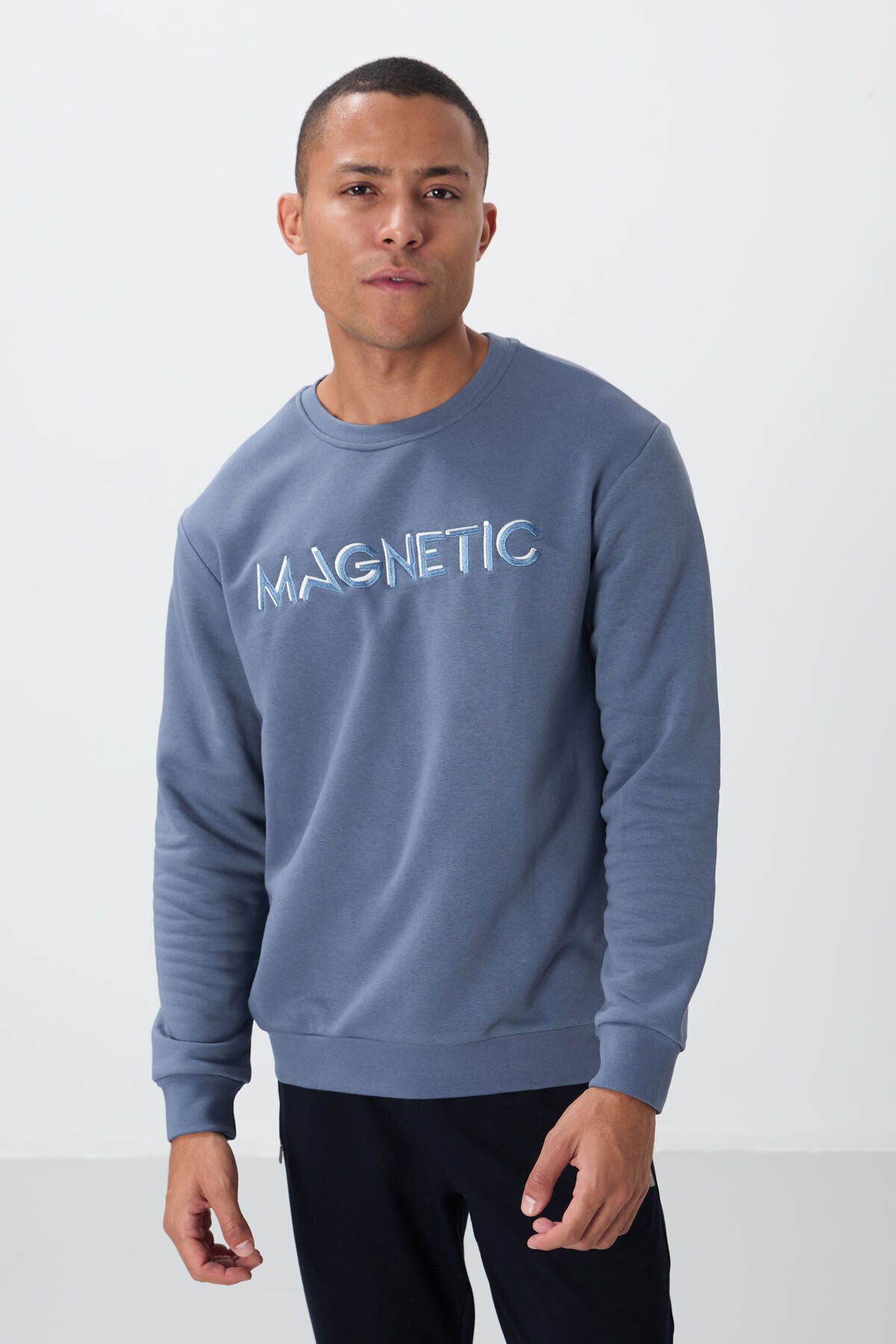 Petrol Blue Letter Embroidered O Collar Comfort Fit Fleece Lined Men's Sweatshirt - 88020