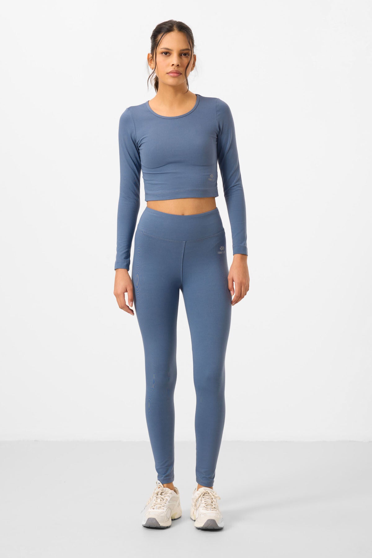 High Waist Long Sleeve Slim Fit Crop Top Women's Tights Set - 95286