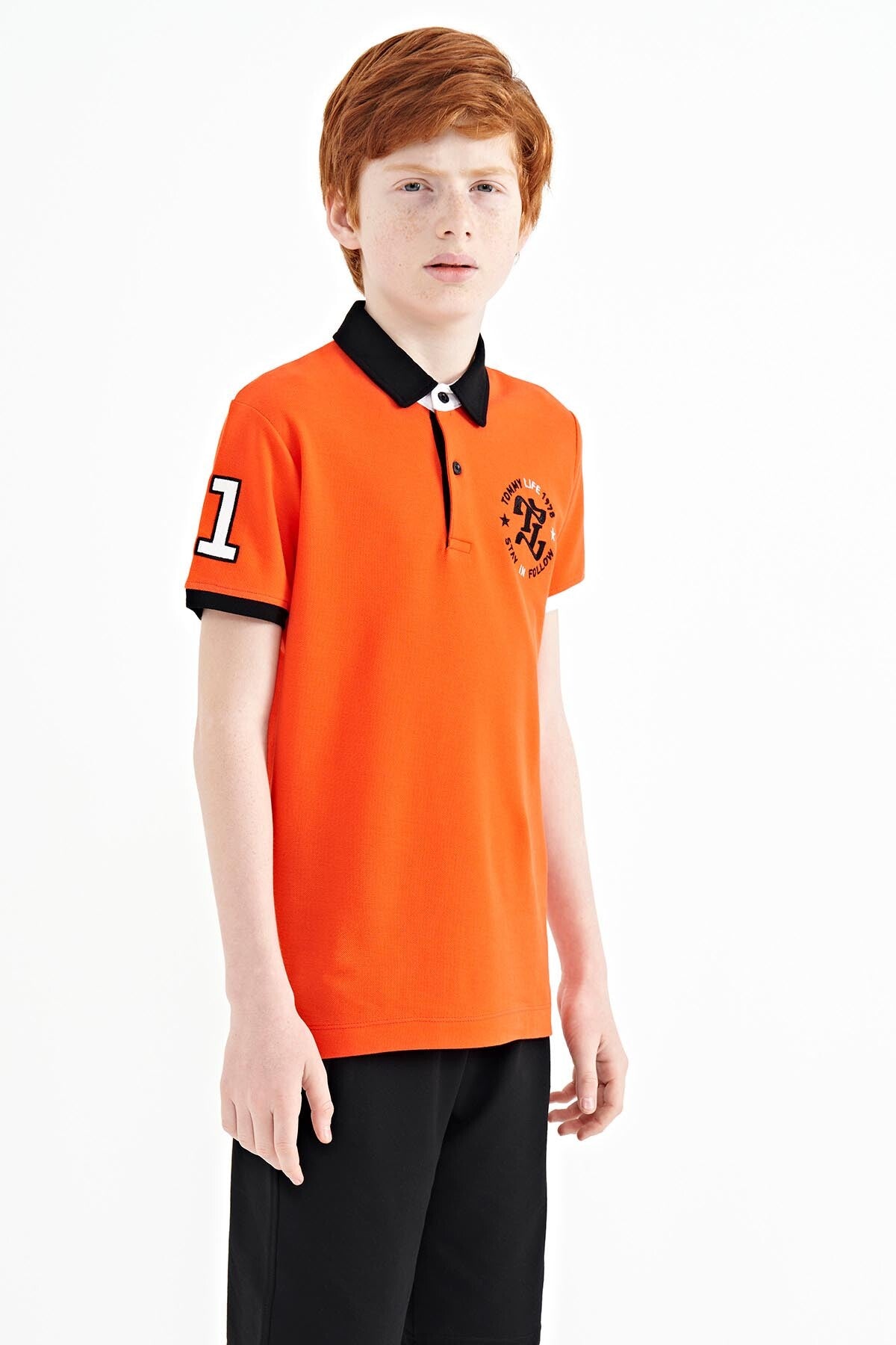Orange Arm Chest Embroidery Detailed Standard Pattern Polo Collar Boys T-Shirt - 11086